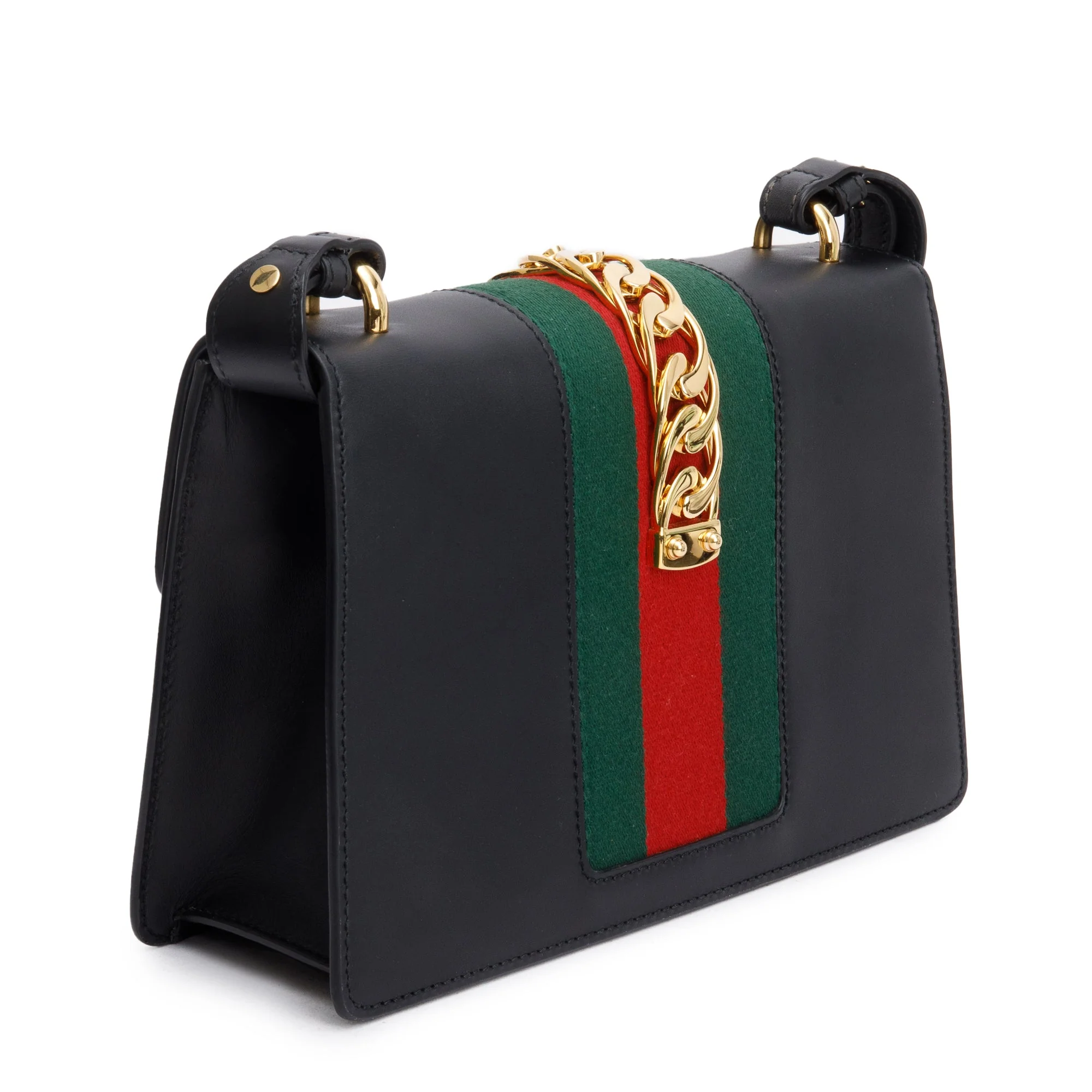 Gucci Black Calfskin Leather Web Small Sylvie Shoulder Bag - Image 6