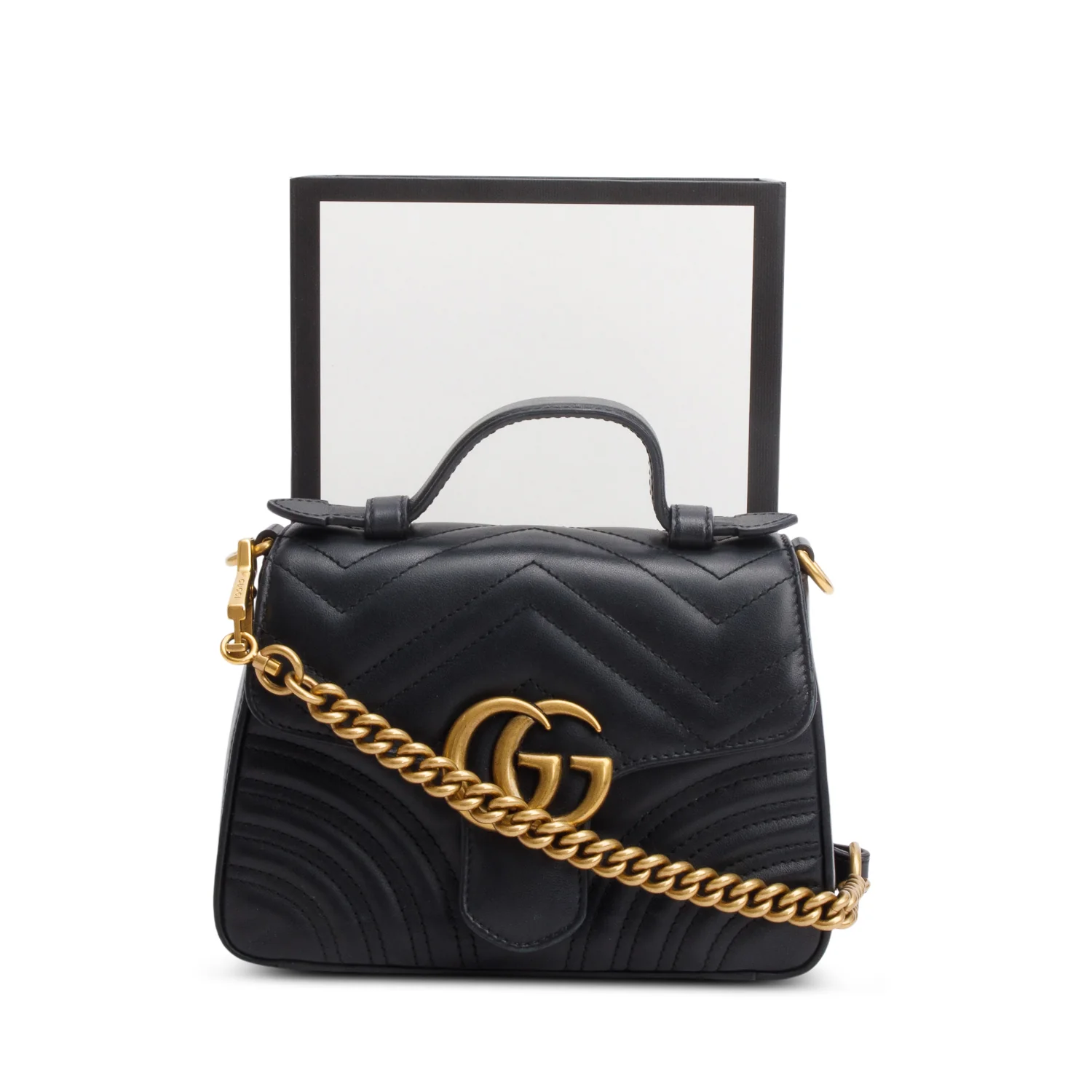 Gucci Black Calfskin Matelasse Mini GG Marmont Top Handle Shoulder Bag w/ Box & Strap - Image 3
