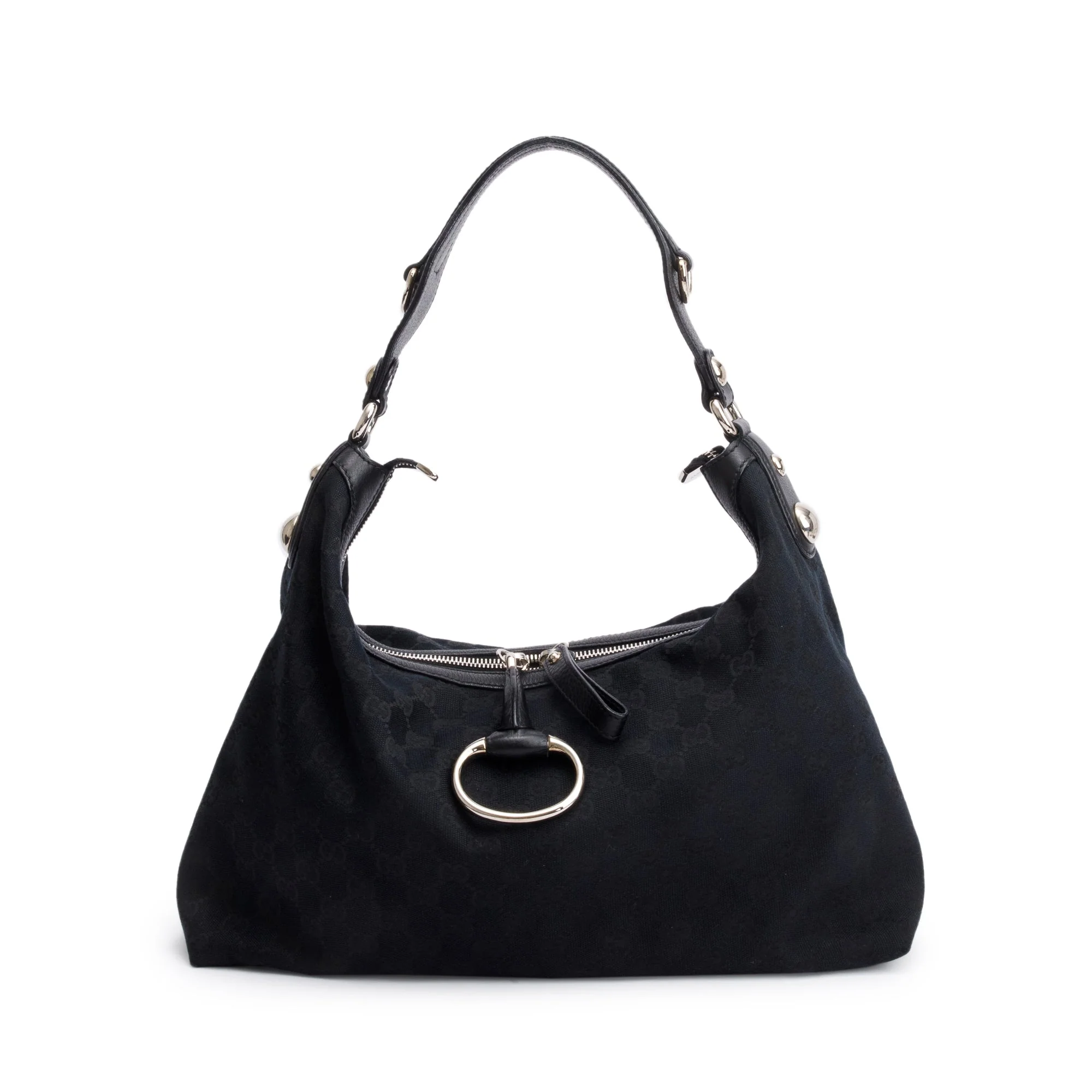 Gucci Black GG Canvas  Leather Trim Medium Icon Bit Hobo w/ Strap - Image 3