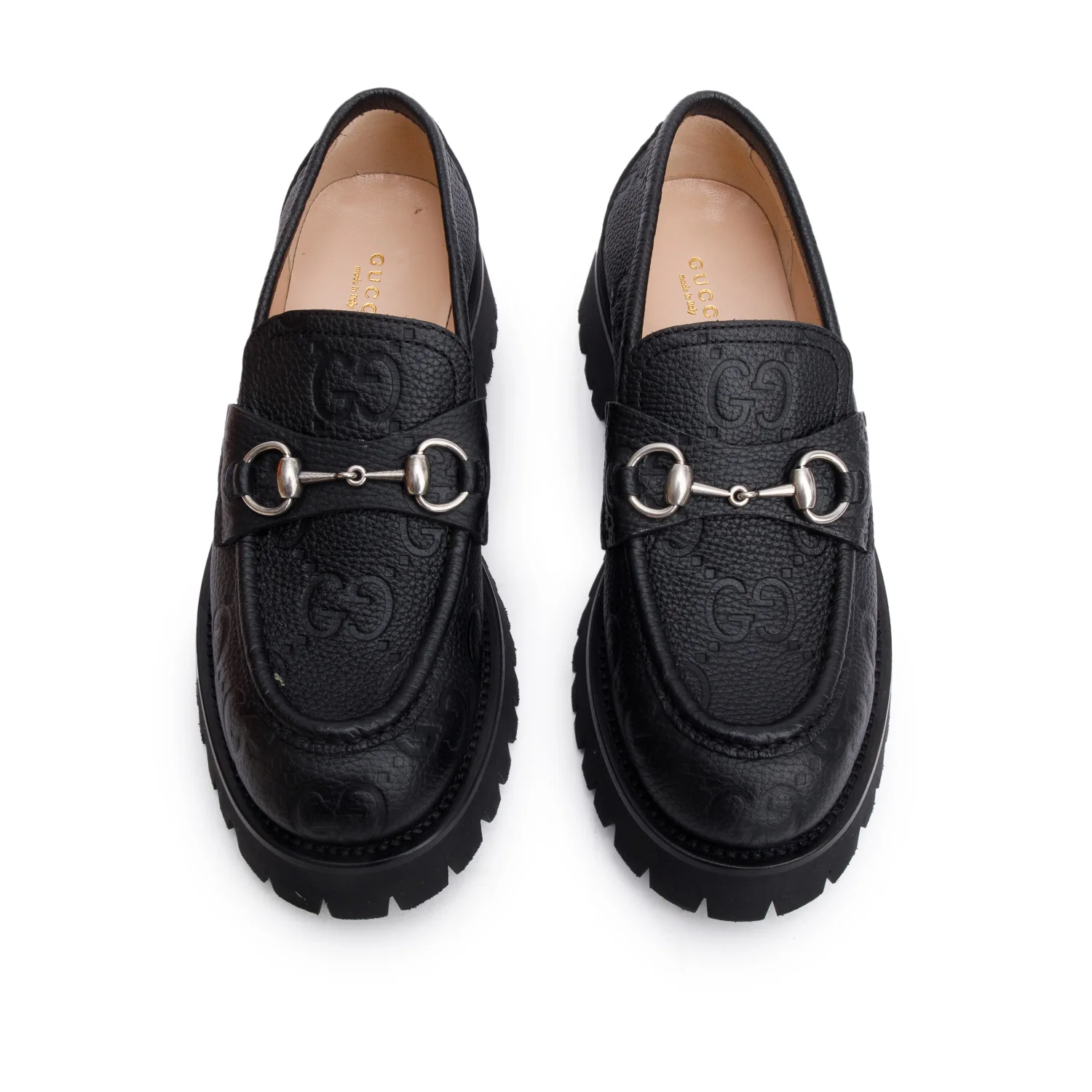 Gucci Black GG Embossed Calfskin Leather Horsebit Accent Lug Sole Loafers, Size 39 w/ Box