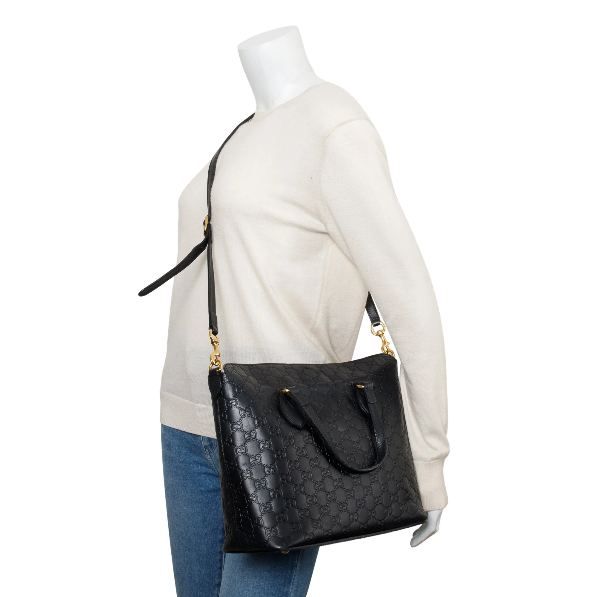 Gucci Black GG Signature Leather Linea A Foldover Tote w/ Strap - Image 2