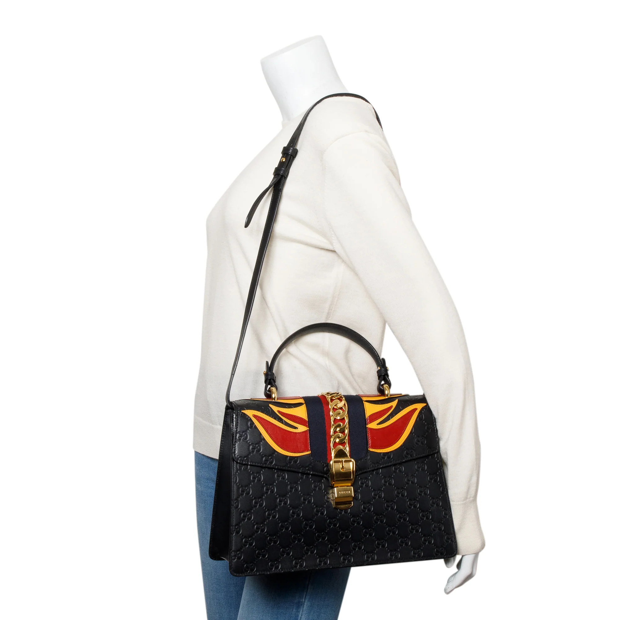 Gucci Black GG Signature Leather Medium Sylvie Handle Bag - Image 2