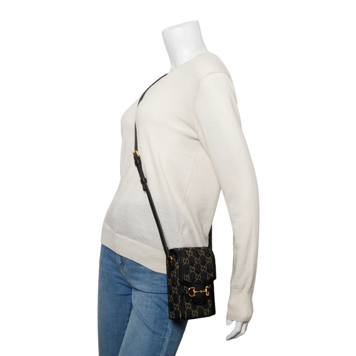 Gucci Black GG Supreme Denim Monogram Mini Horsebit 1955 Crossbody Bag - Image 2