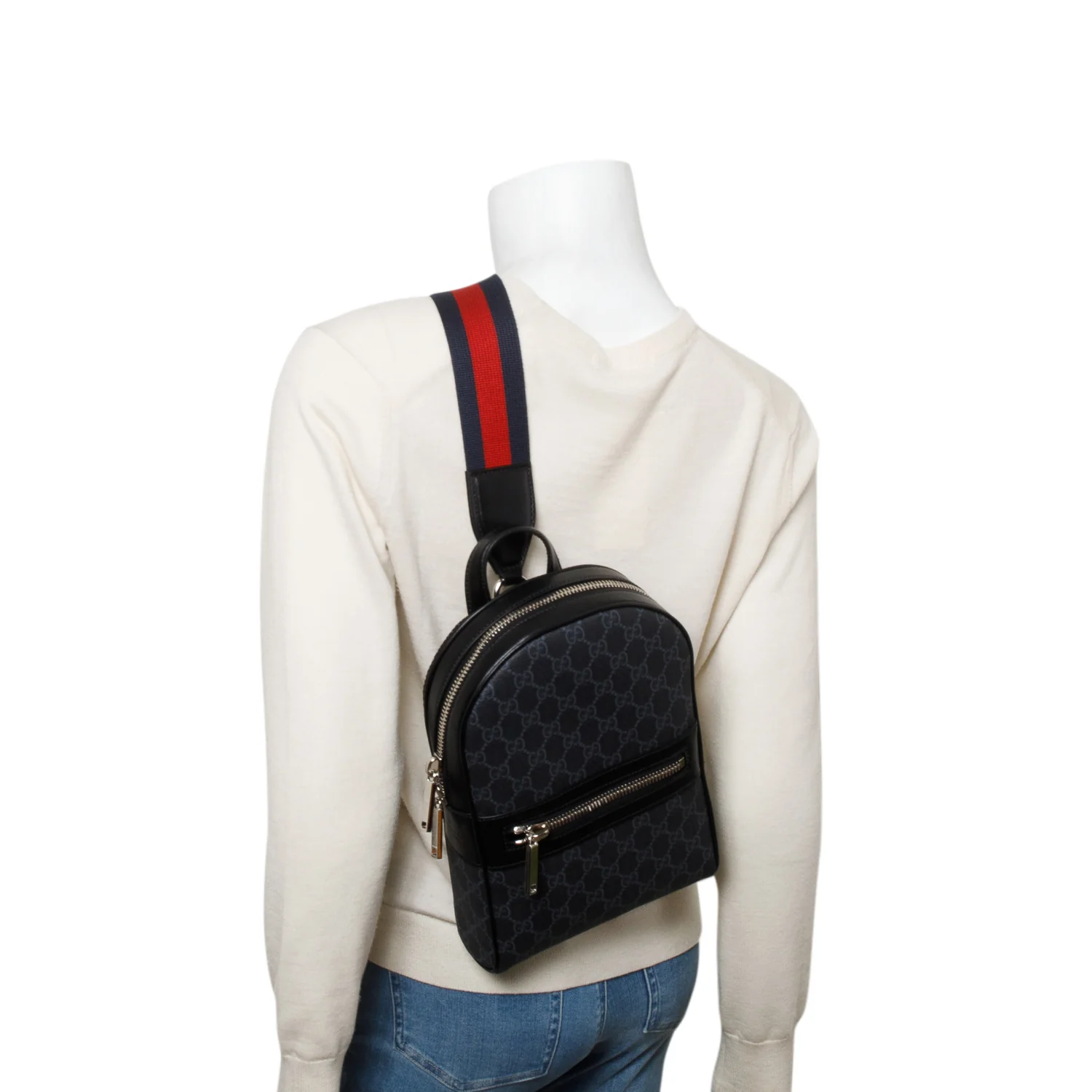 Gucci Black GG Supreme Monogram Calfskin Web Sling Backpack w/ Box - Image 2