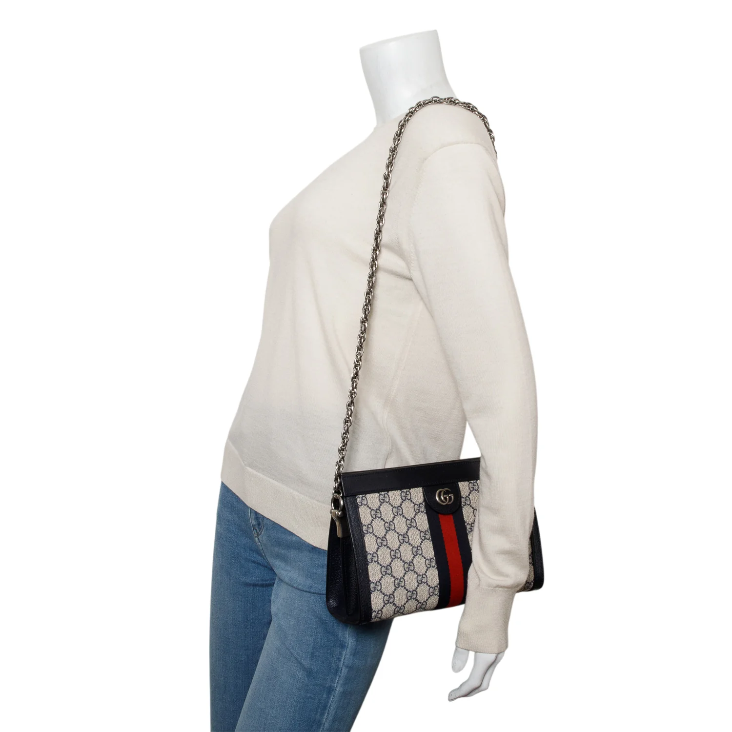 Gucci Black GG Supreme Monogram Textured Calfskin Web Medium Ophidia Chain Shoulder Bag w/ Box - Image 2
