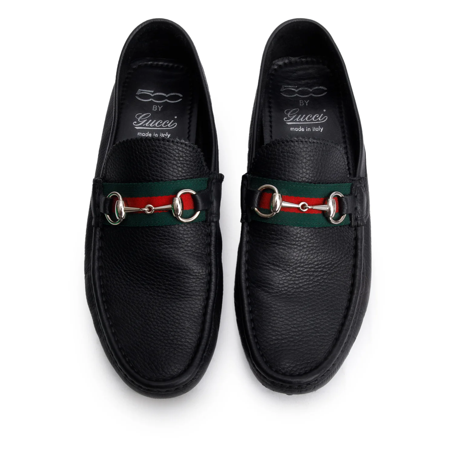 Gucci Black Grained Leather Horsebit Web Driving Loafers, Men's Size 9.5 w/ Box