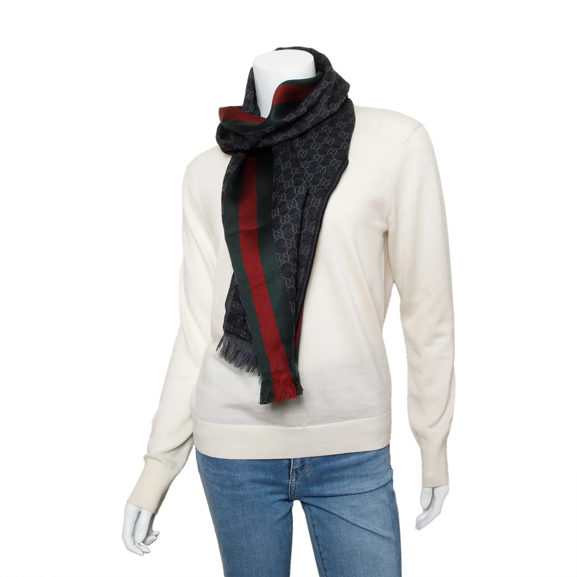 Gucci Black/Grey GG Jacquard Web Wool Silk Scarf - Image 6