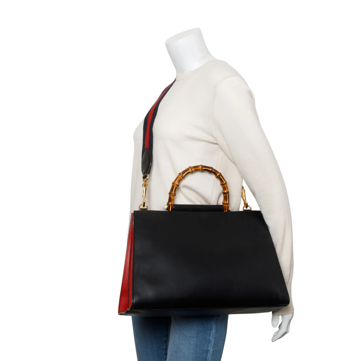 Gucci Black Leather Bamboo Large Nymphaea Handle Bag w/ Strap - Image 2
