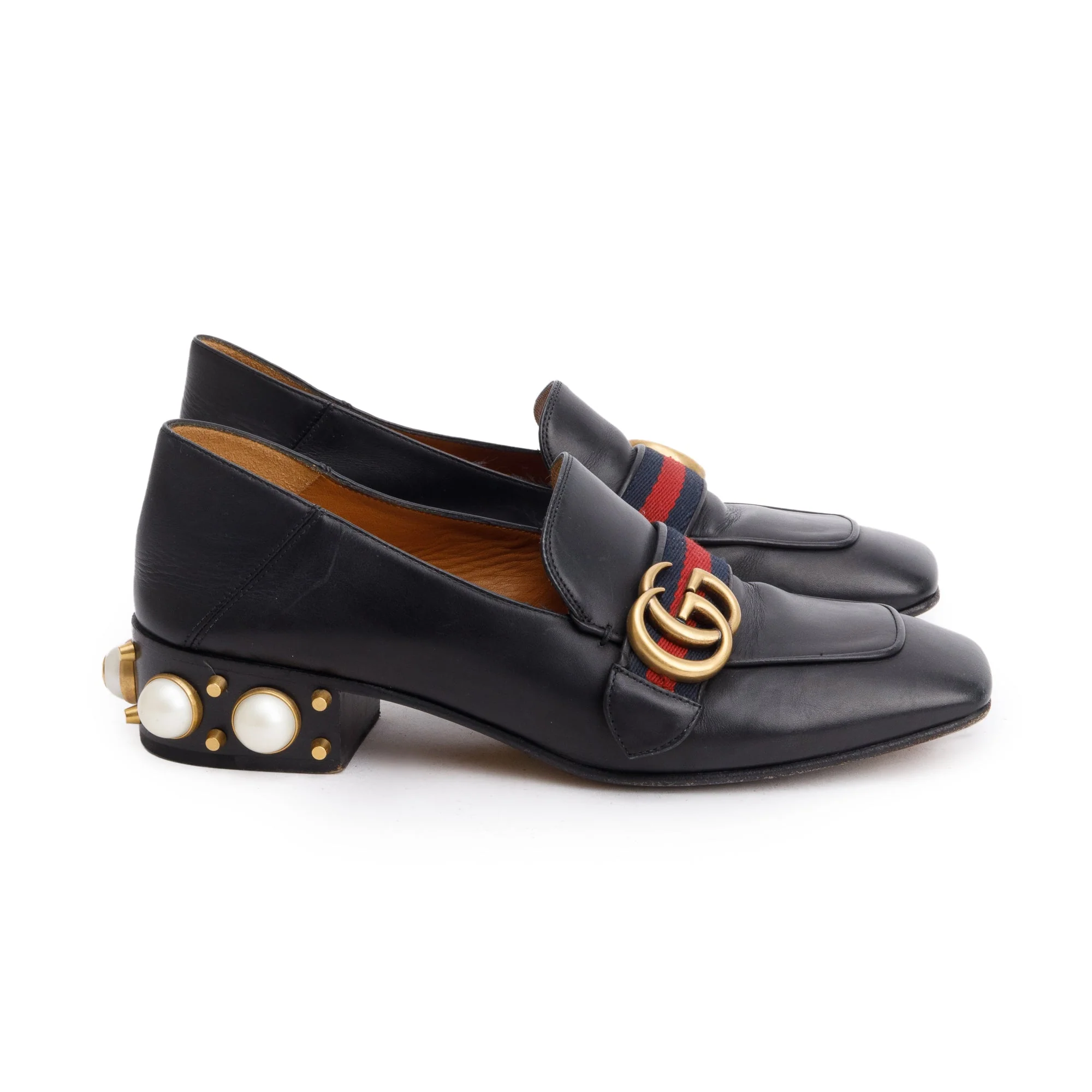 Gucci Black Leather Faux Pearl Studded Accent GG Web Pumps, Size 37.5 - Image 2