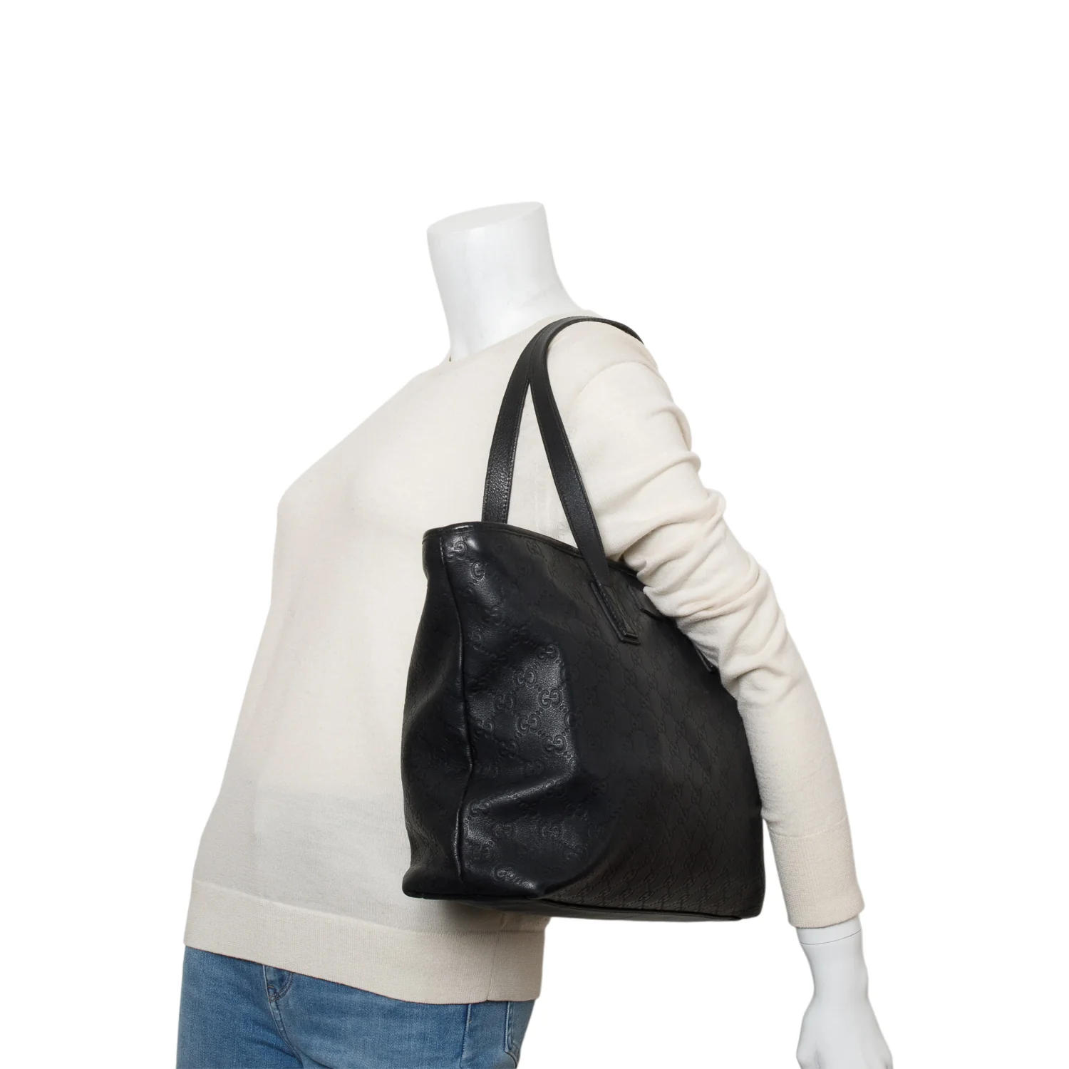 Gucci Black Leather Signature Zippered Shopping Tote - Image 2