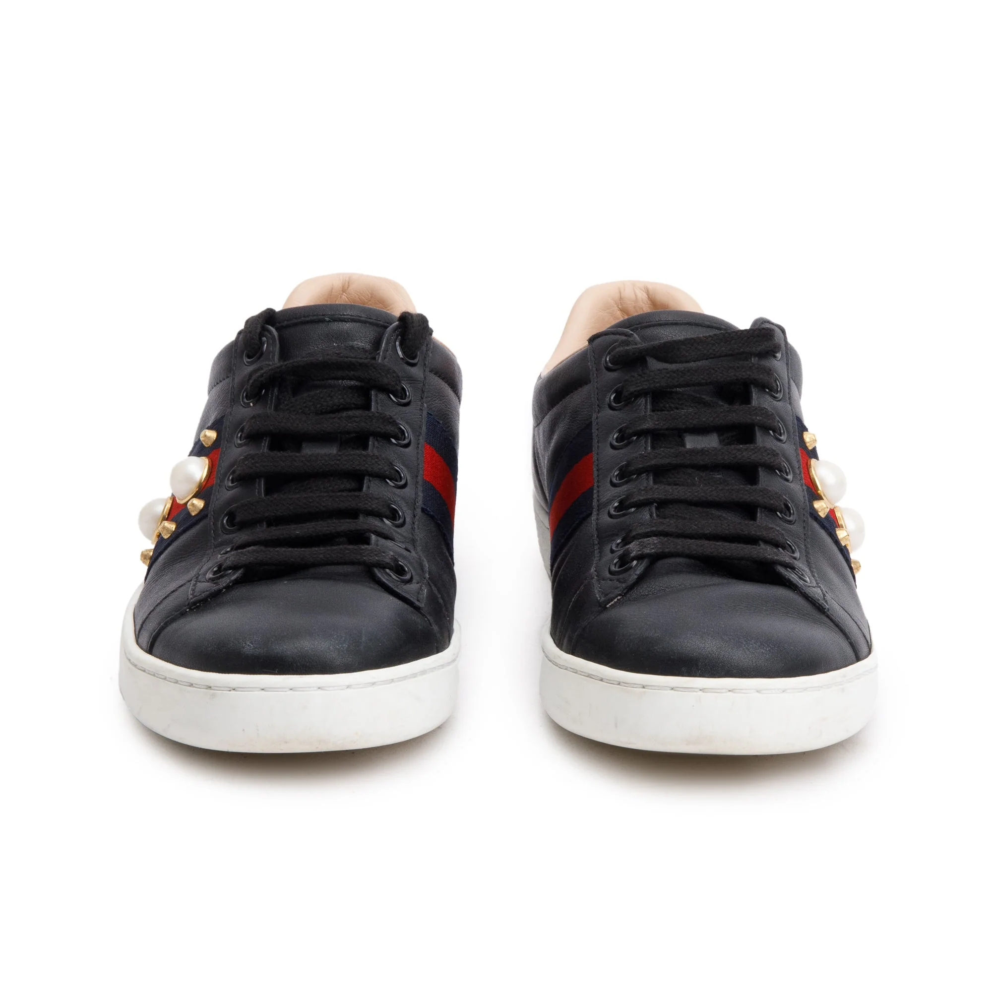 Gucci Black Leather Web Faux Pearl Studded Accent Ace Sneakers, Size 36 - Image 3