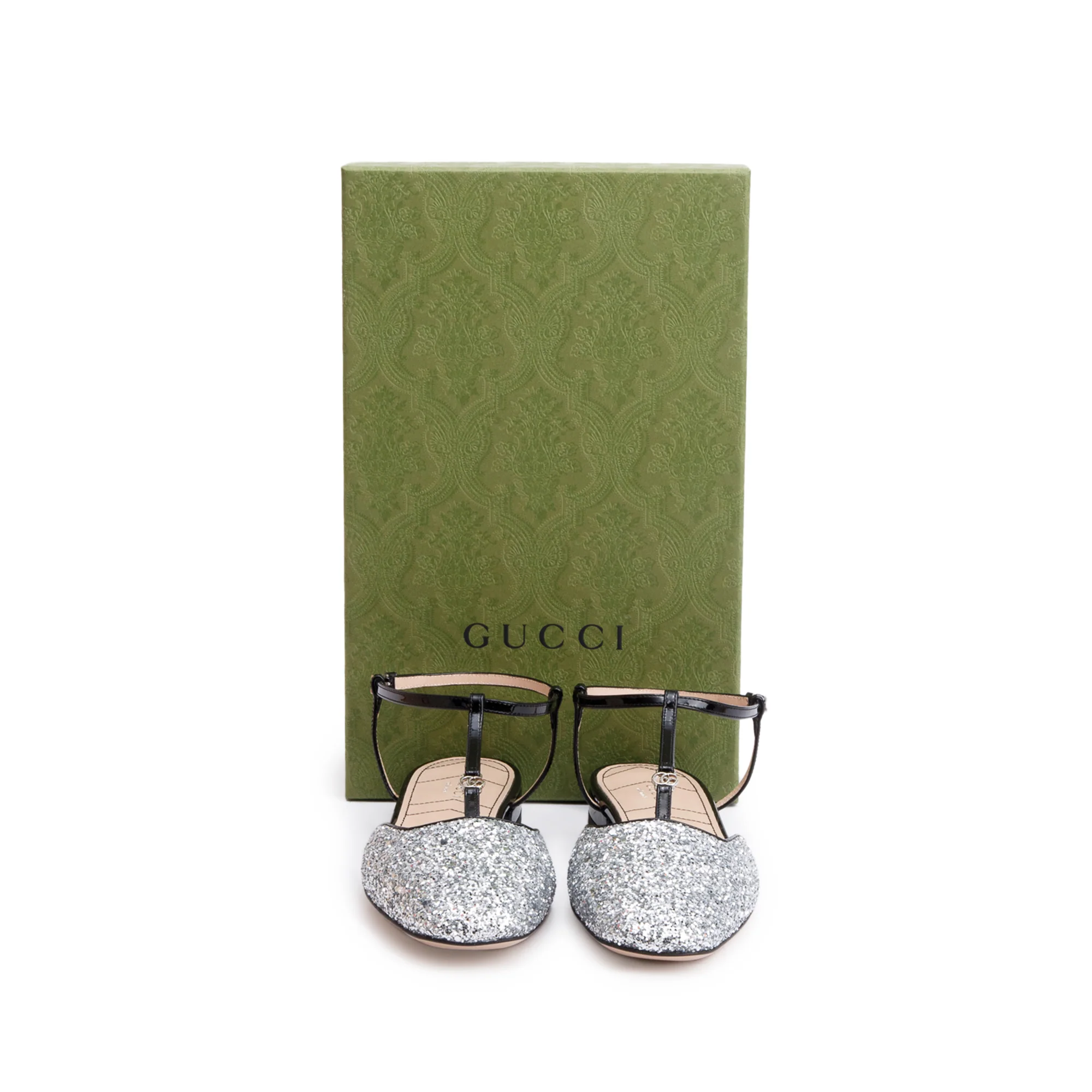 Gucci Black Patent Leather Silver Glitter Double G Logo Slingback Ballet Flats, Size 39.5 w/ Box - Image 2