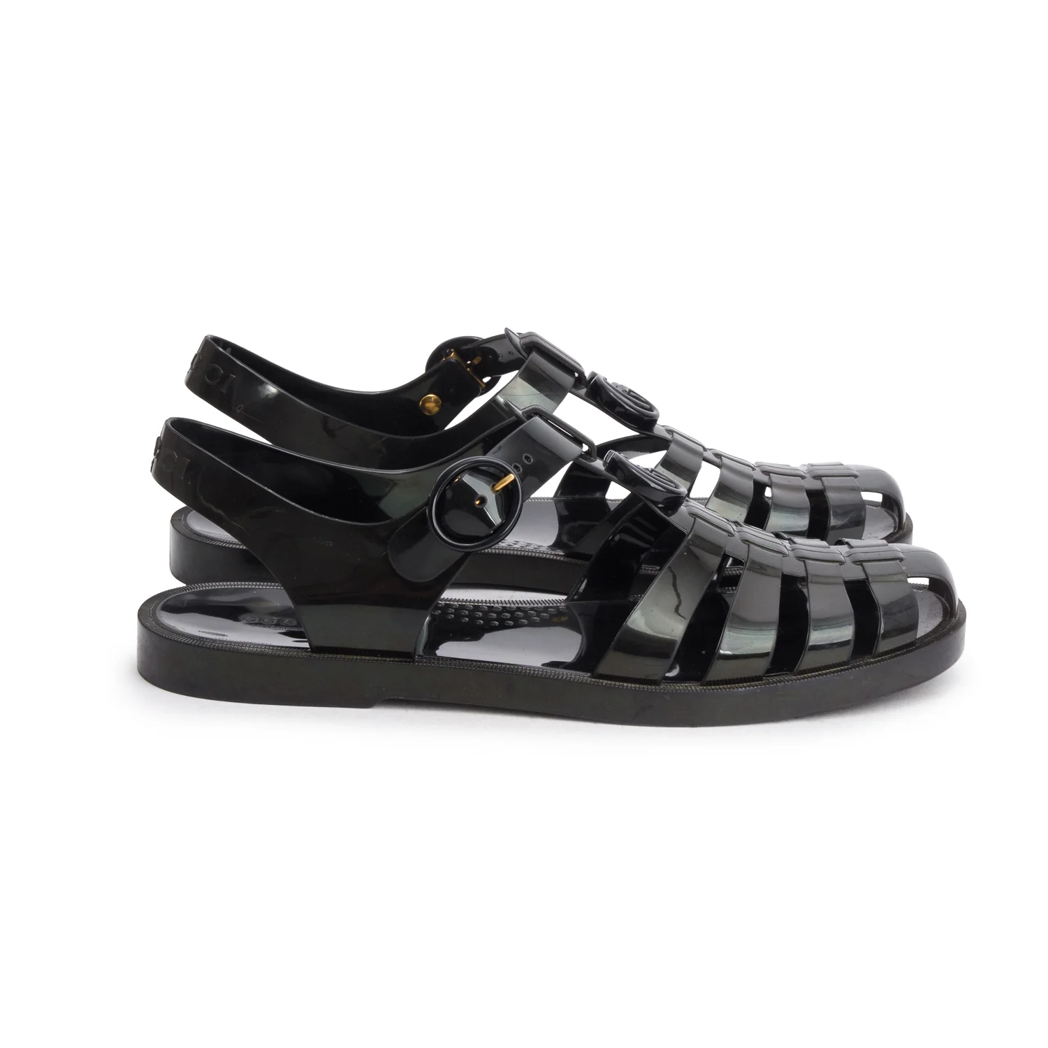 Gucci Black Shiny Rubber Double G Buckle Strap Sandals, Men's Size 11 w/ Box - Image 3