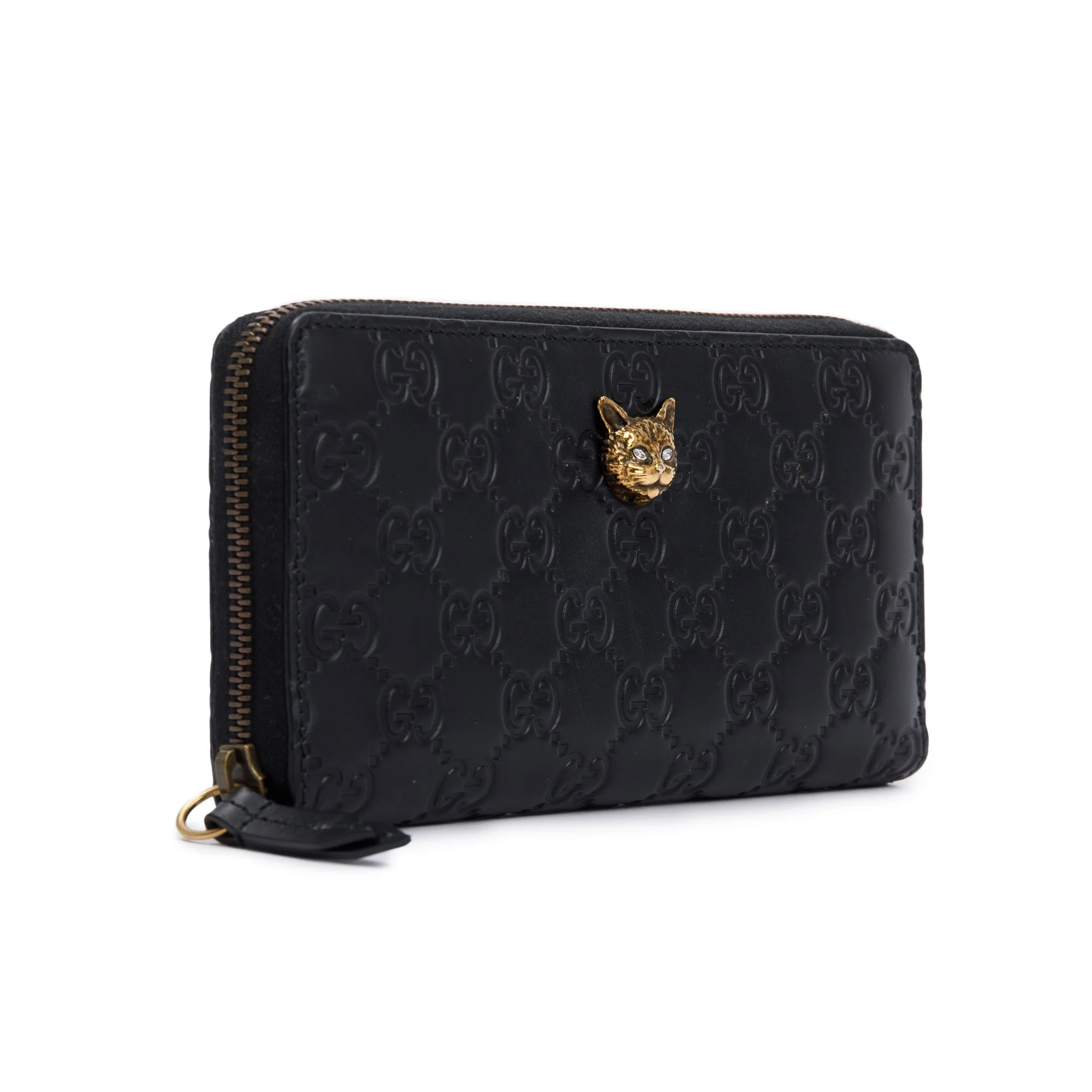 Gucci Black Signature Leather Cat Head Continental Zip Wallet - Image 2