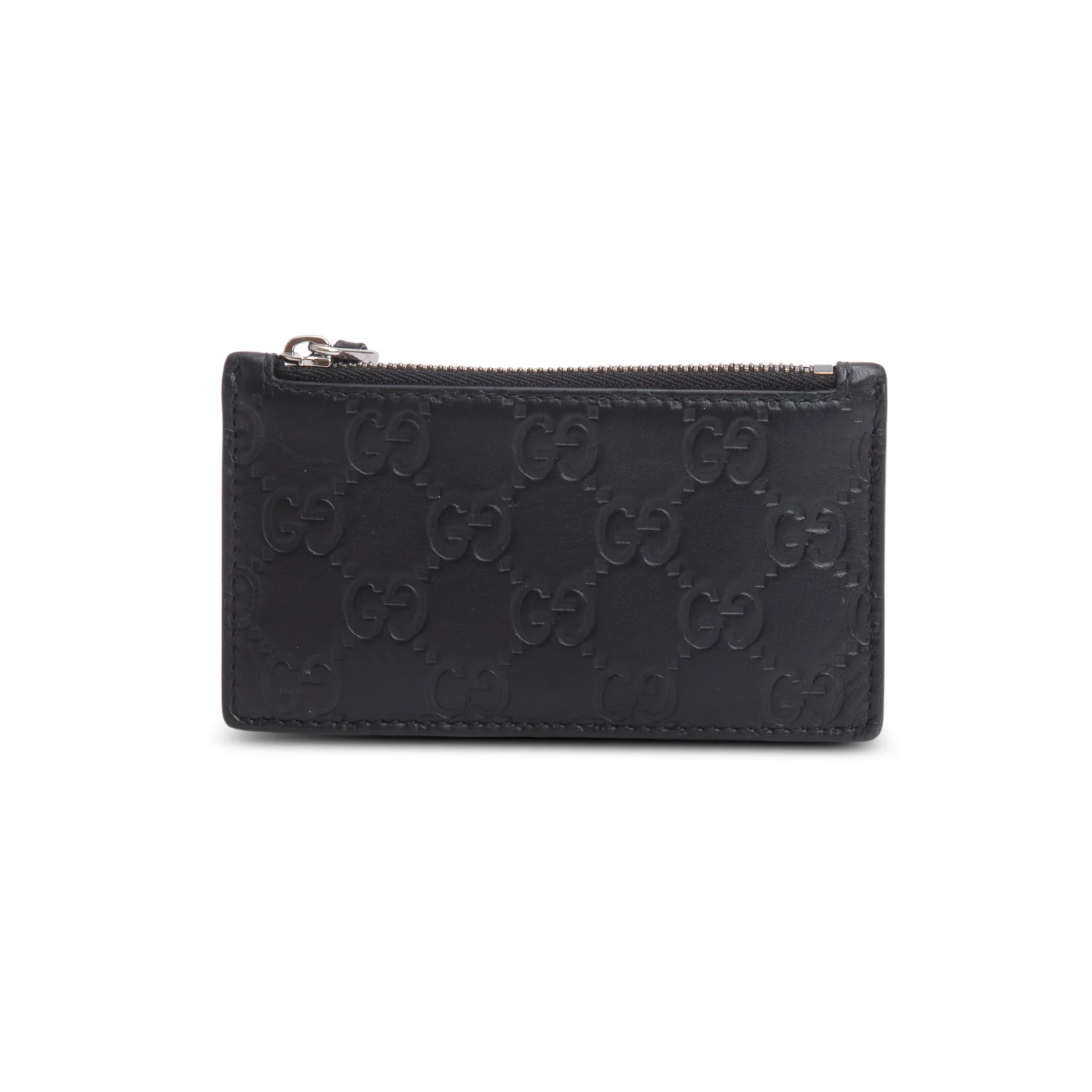 Gucci Black Signature Leather Zip Card Case w/ Box