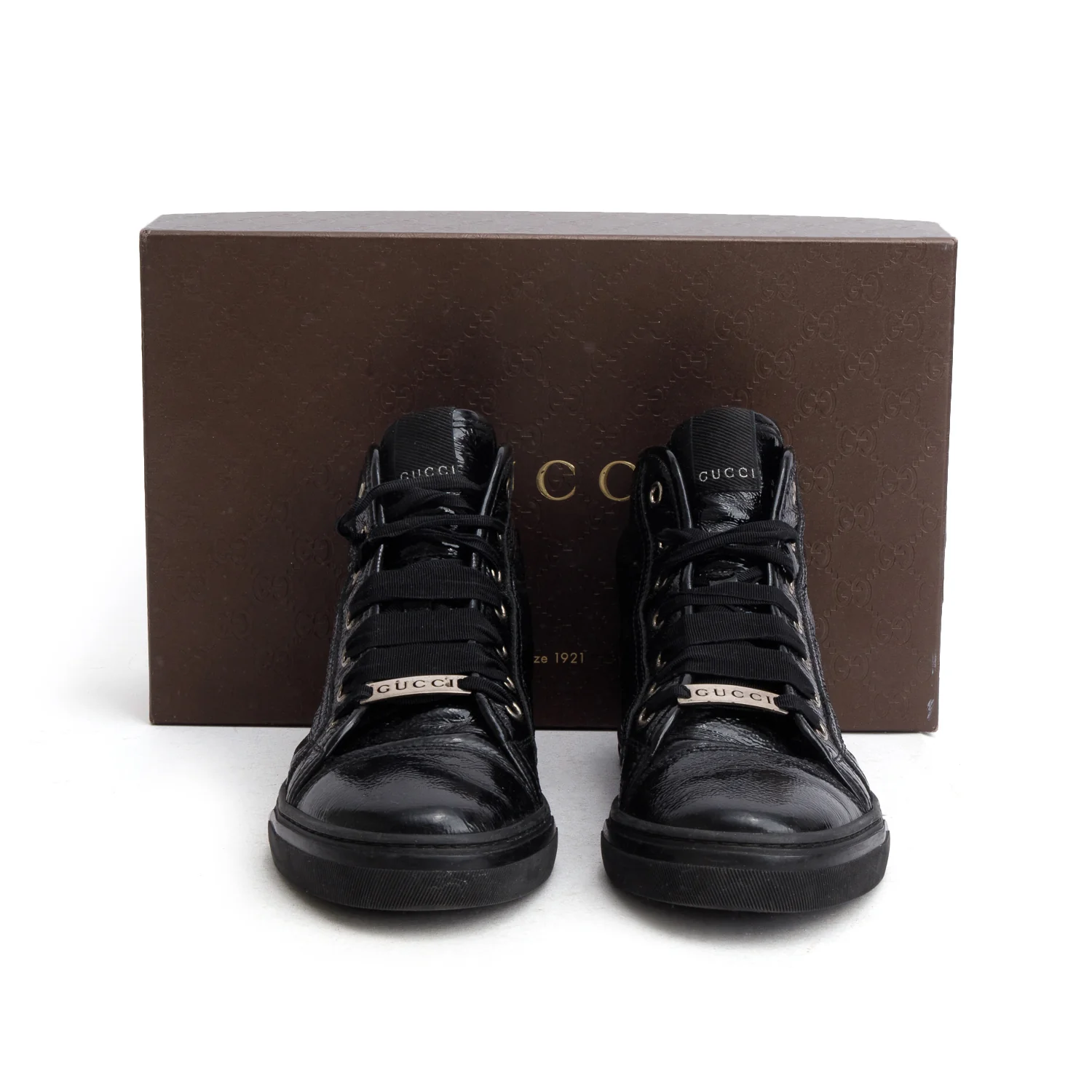 Gucci Black Soft Patent Leather High Top Sneakers, Women's Size 36 w/ Box - Image 2