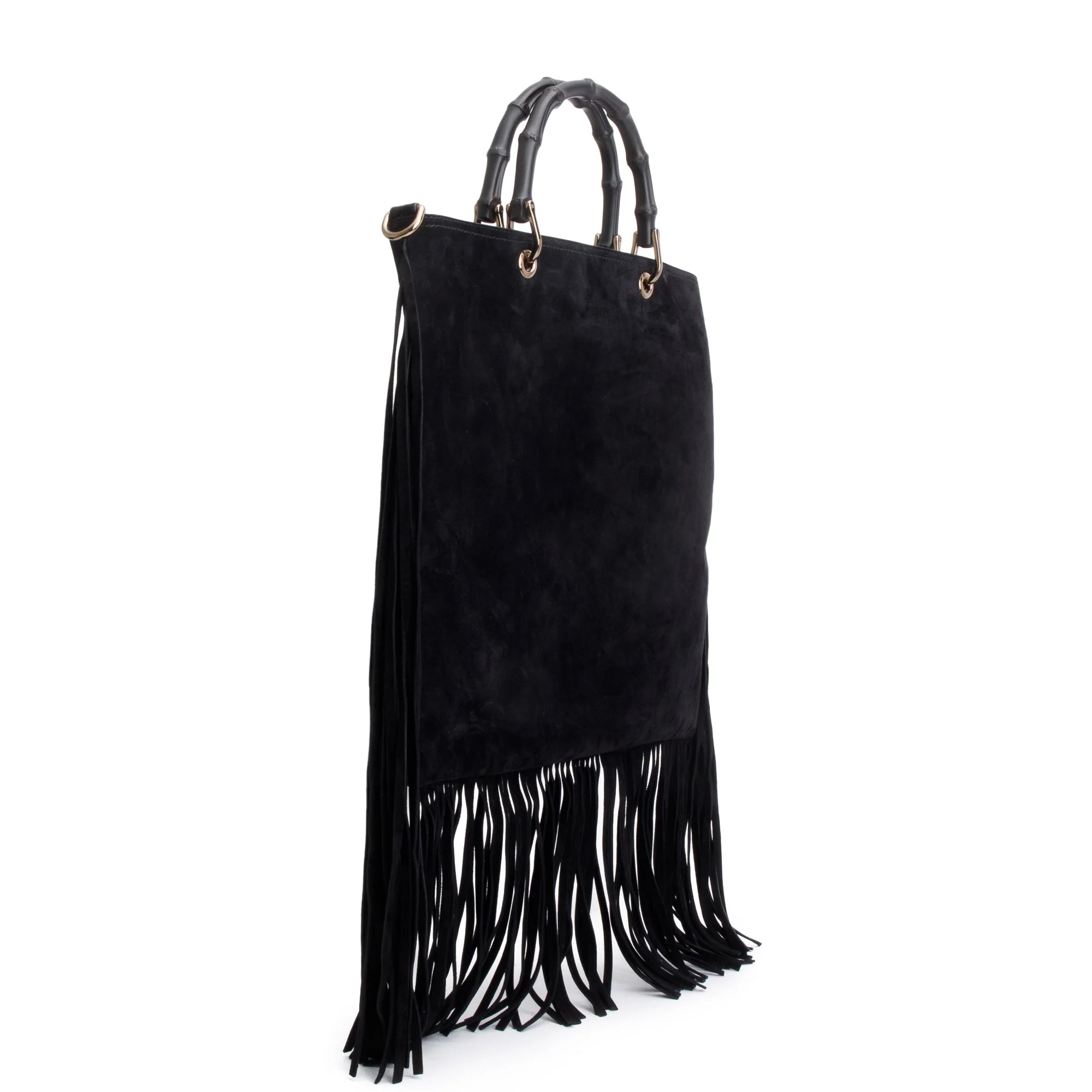 Gucci Black Suede Bamboo Fringe Shopper Tote w/ Strap - Image 3