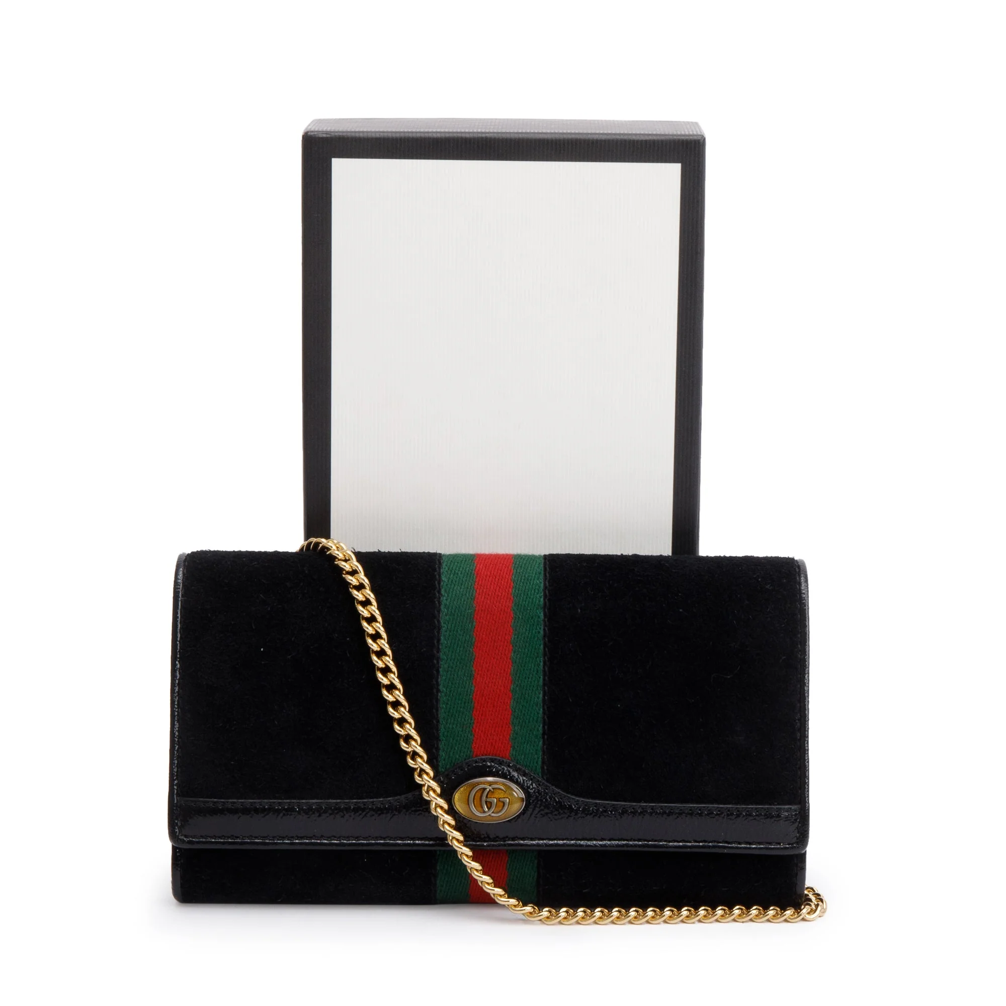 Gucci Black Suede Ophidia GG Web Wallet on Chain w/ Box - Image 3