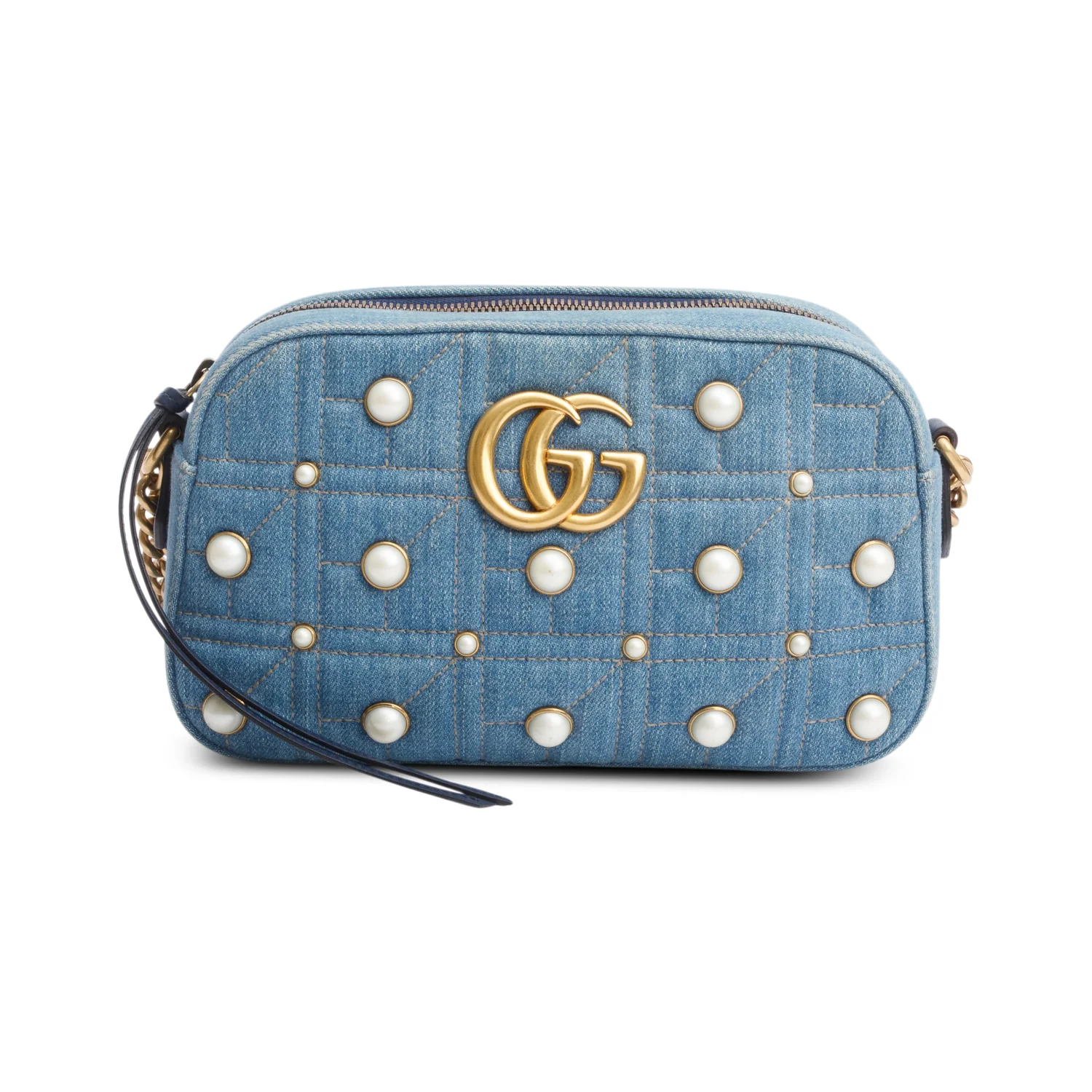 Gucci Blue Denim GG Marmont Pearly GG Small Shoulder Bag w/ Box - Image 4