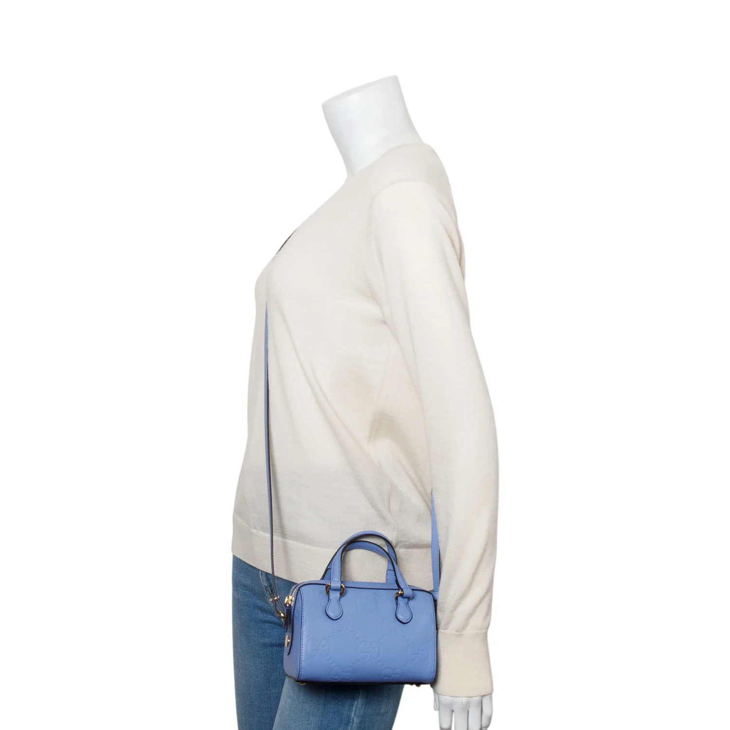 Gucci Blue Embossed GG Calfskin Leather Mini Boston Top Handle Bag w/ Strap & Box - Image 2