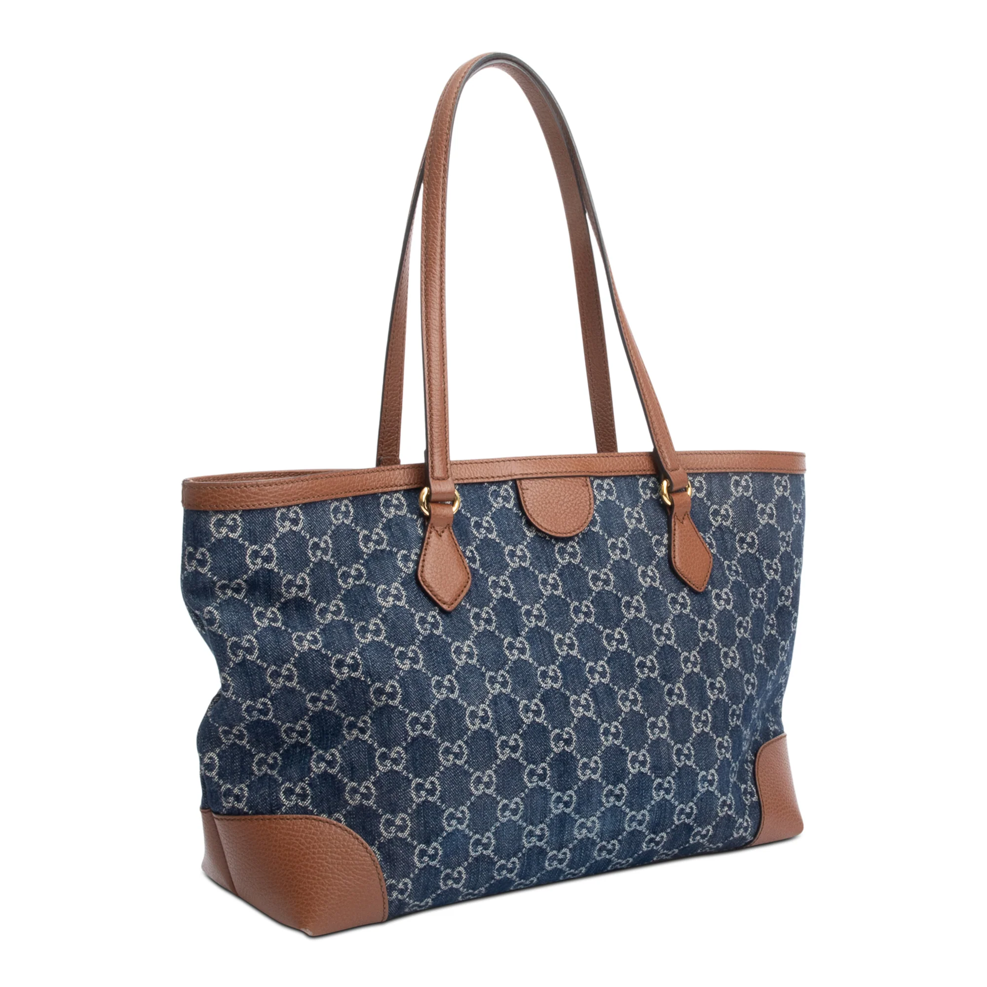 Gucci Blue GG Denim Brown Leather Trim Ophidia GG Medium Tote - Image 5