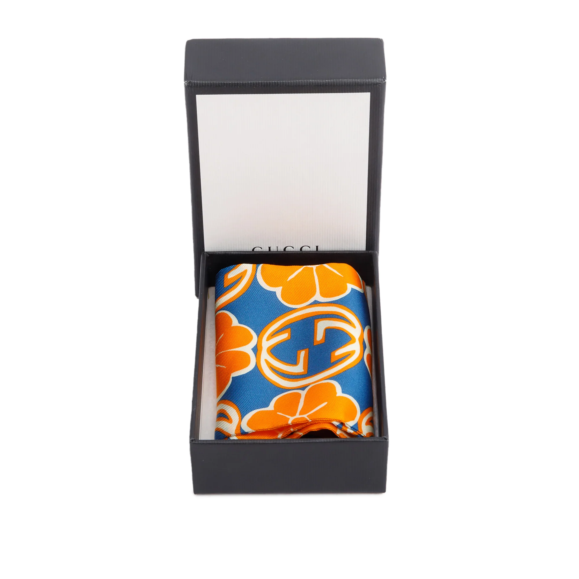 Gucci Blue/Orange GG Flower Silk Foily Skinny Scarf w/ Box - Image 2