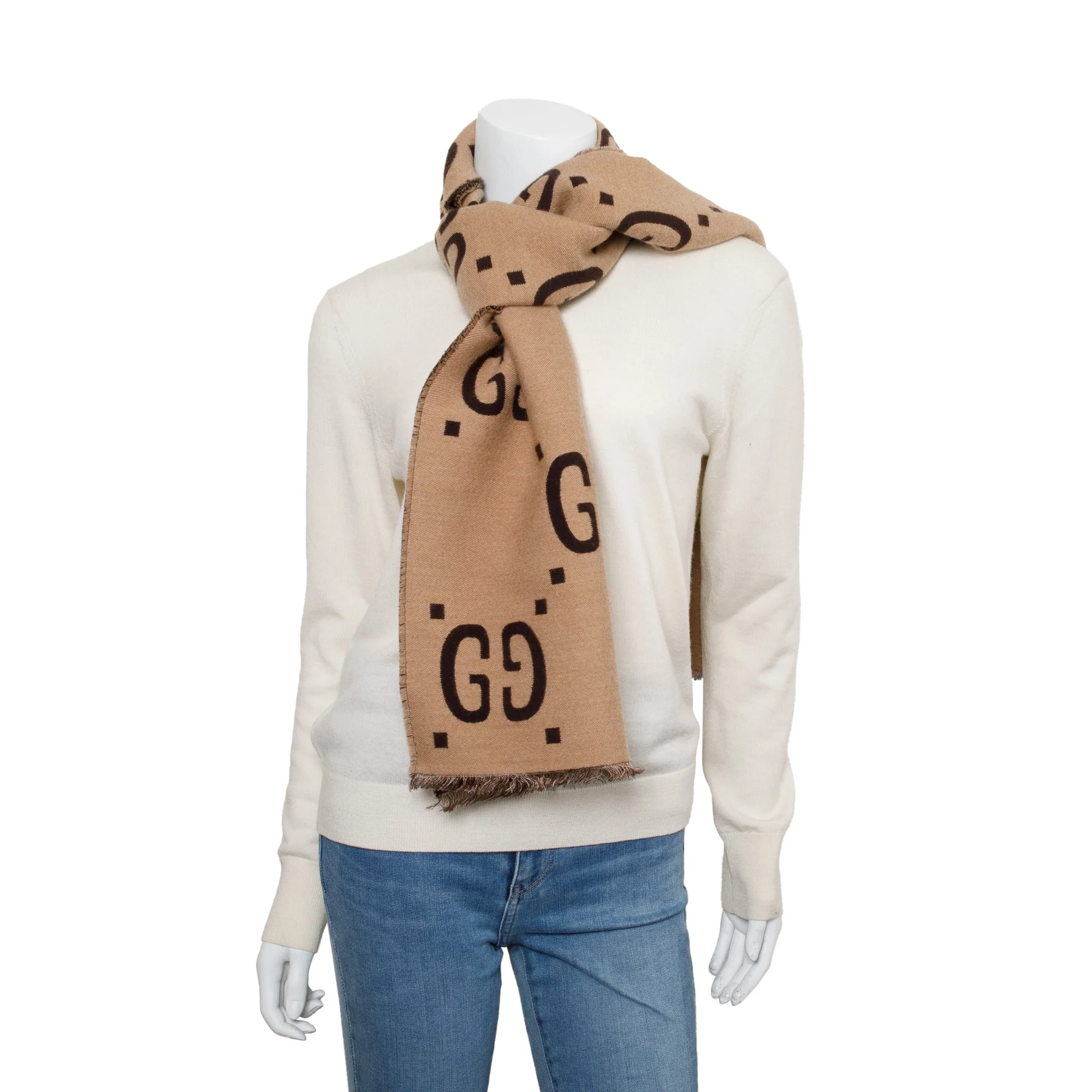 Gucci Brown/Beige GG Jacquard Wool Silk Scarf w/ Box & Receipt - Image 2