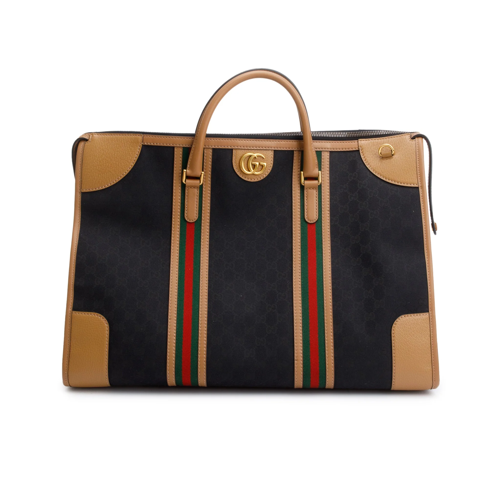 Gucci Brown GG Canvas Tan Leather Bauletto Extra Large Duffle Bag w/ Strap - Image 3