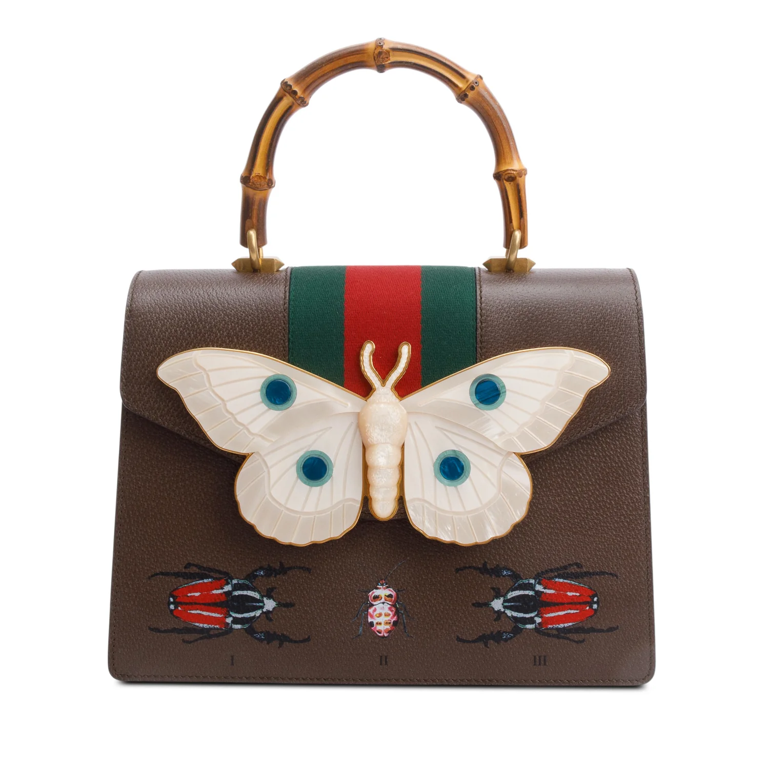 Gucci Brown Leather Mother of Pearl Felena Bamboo Medium Top Handle Bag w/ Strap & Box - Image 4