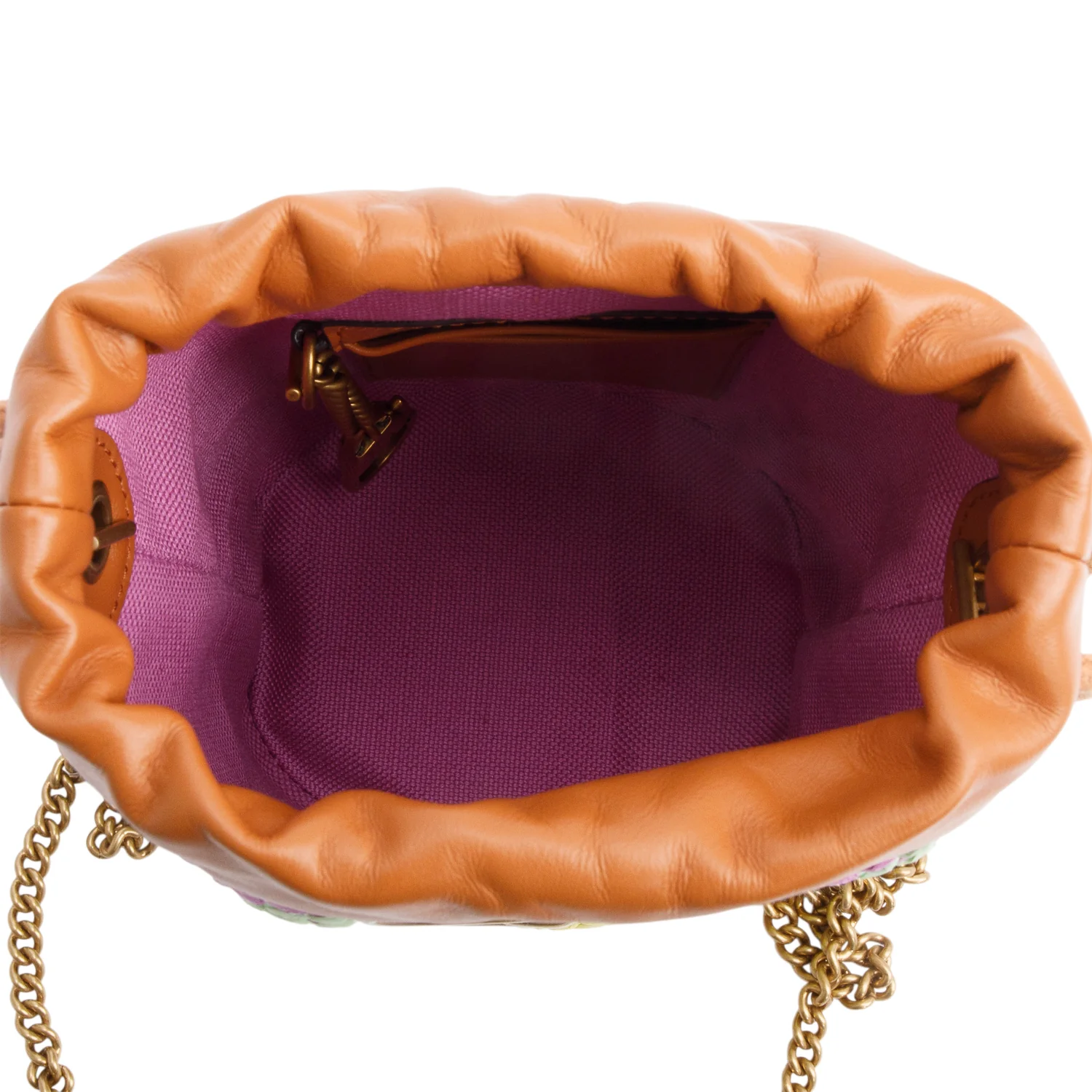 Gucci Brown Leather Multicolor Chevron Knit Raffia GG Marmont Mini Bucket Bag - Image 8