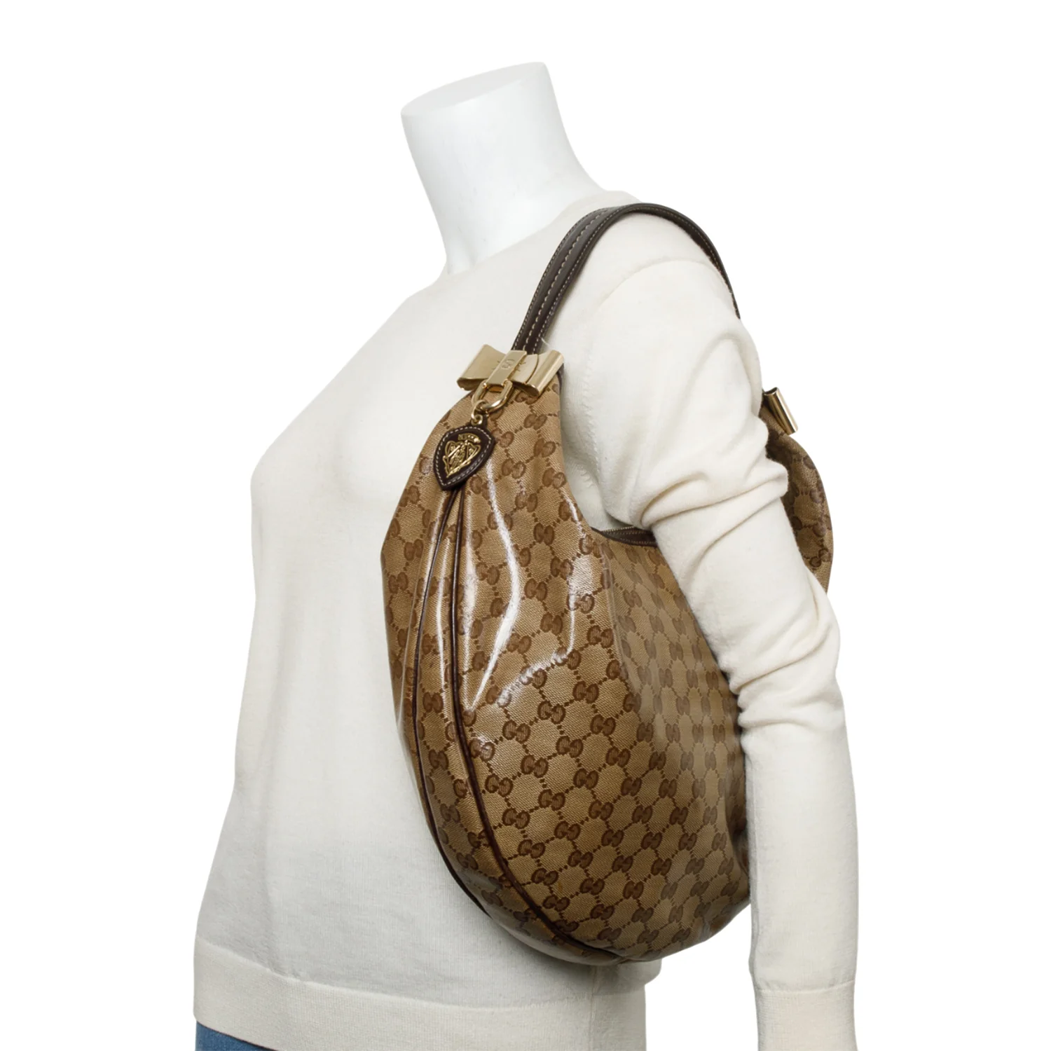 Gucci Brown Leather Trim GG Crystal Duchessa Hobo Bag - Image 2