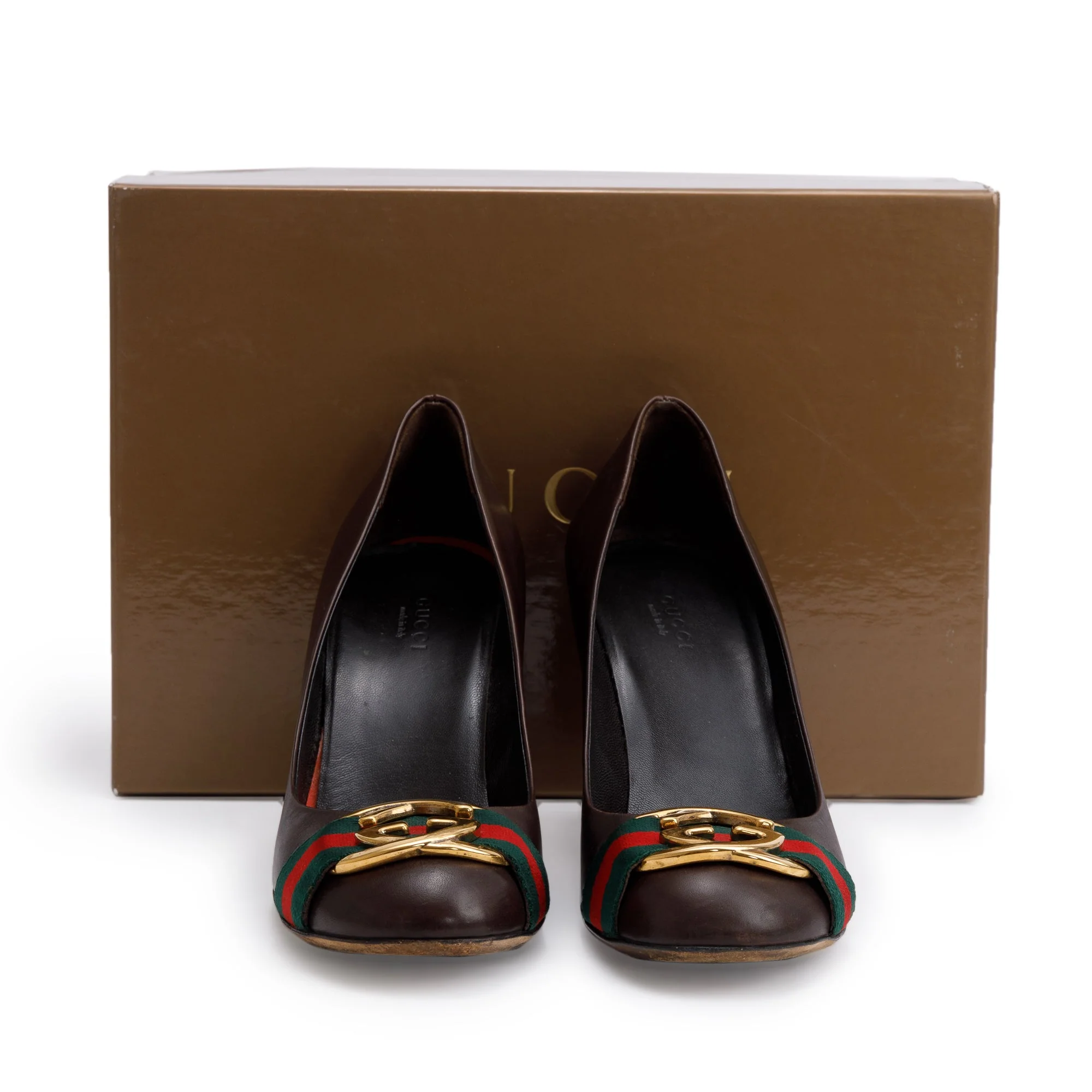 Gucci Brown Leather Web Interlocking G Pumps, Size 37.5 w/ Box - Image 2