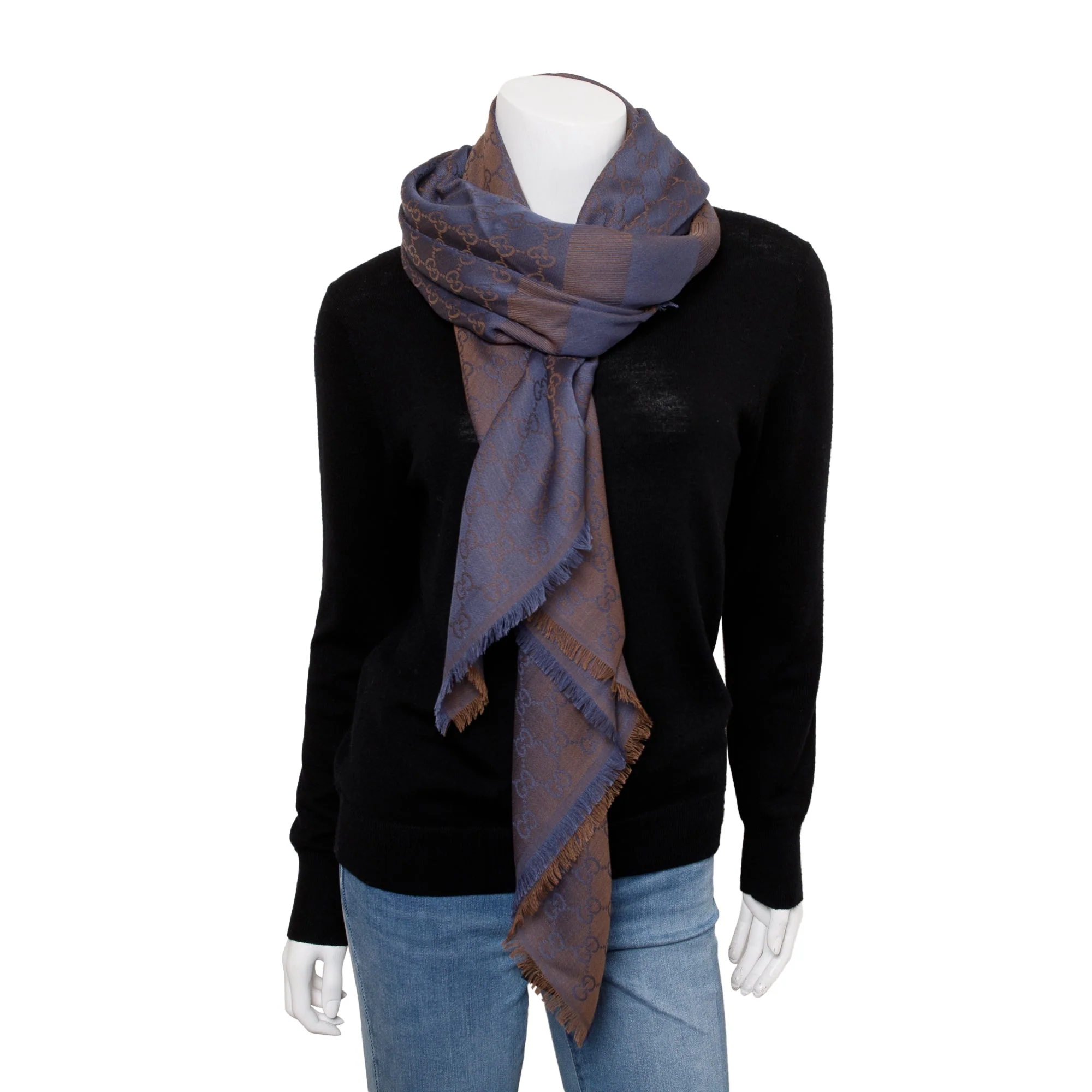 Gucci Brown/Purple Wool Silk GG Jacquard Scarf - Image 2