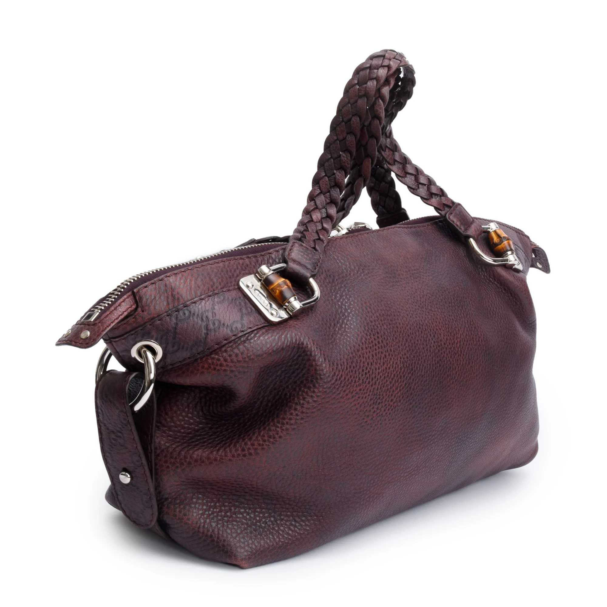 Gucci Burgundy Pebbled Calfskin Leather Medium Bamboo Bar Tote - Image 4