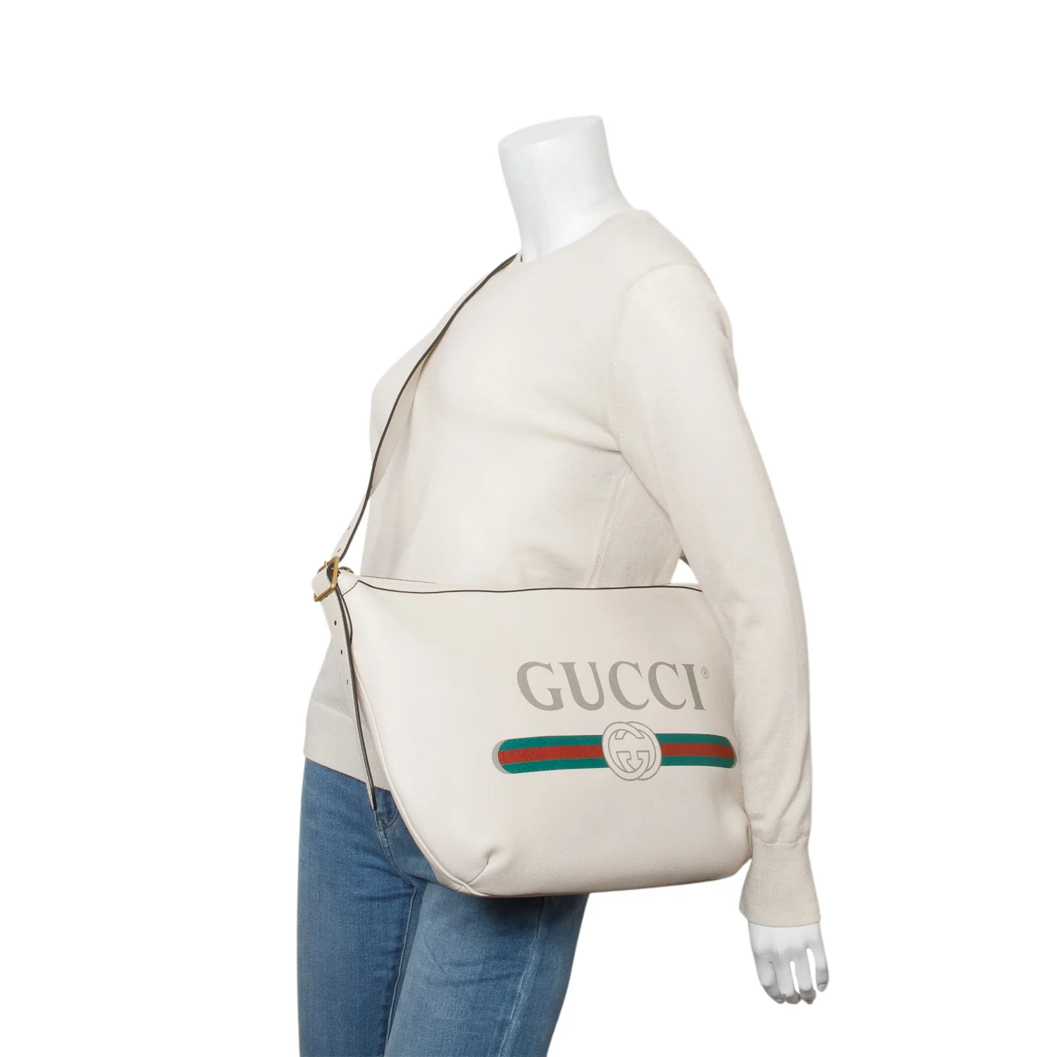 Gucci Cream Grained Calfskin Logo Half Moon Hobo - Image 2