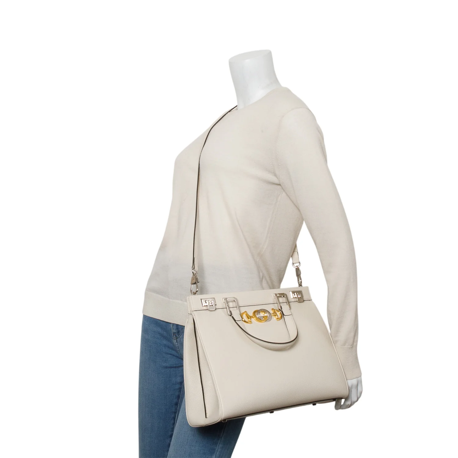 Gucci Cream Grainy Calfskin Medium Zumi Top Handle w/ Strap - Image 2