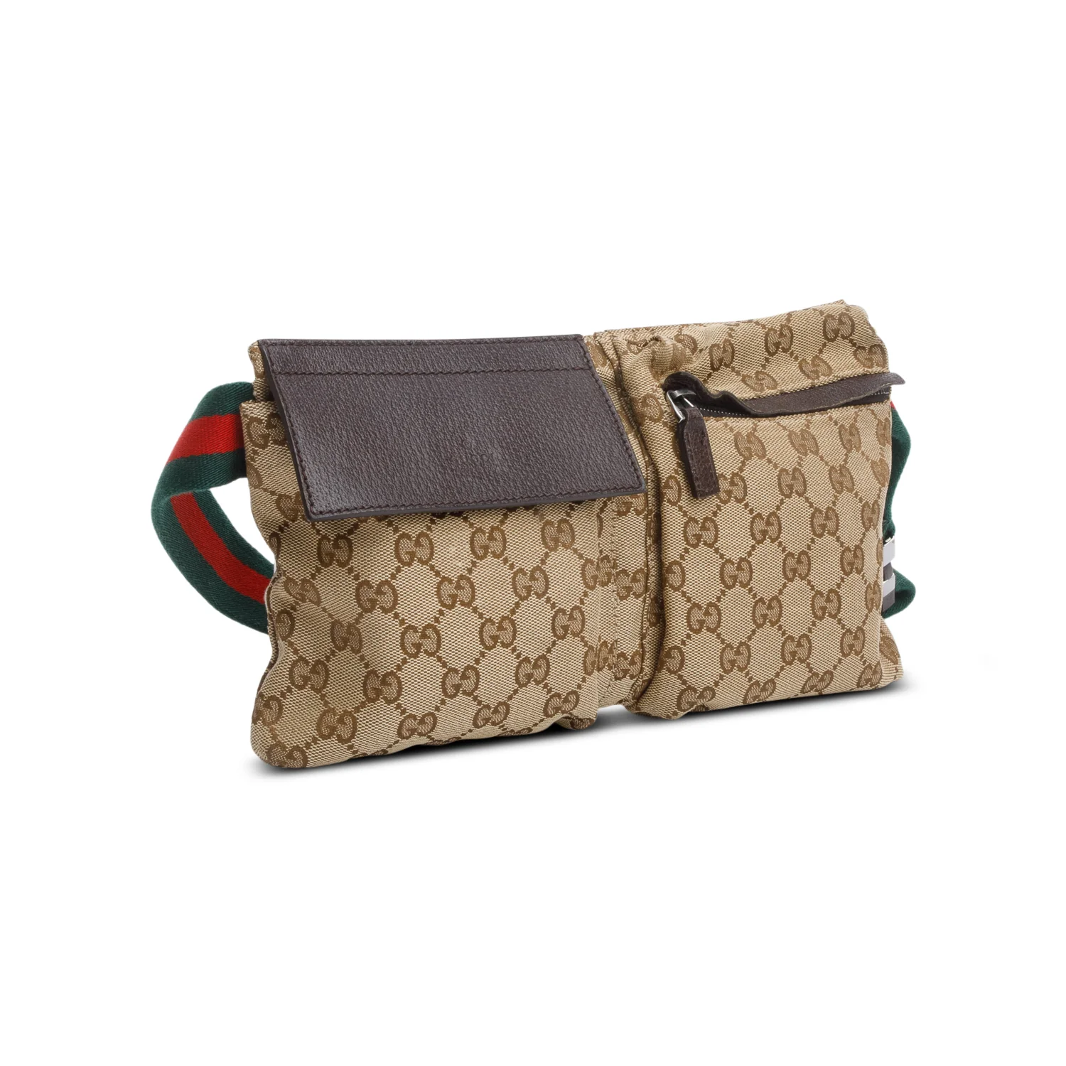 Gucci GG Canvas Brown Leather Trim Double Pocket Belt Bag - Image 2