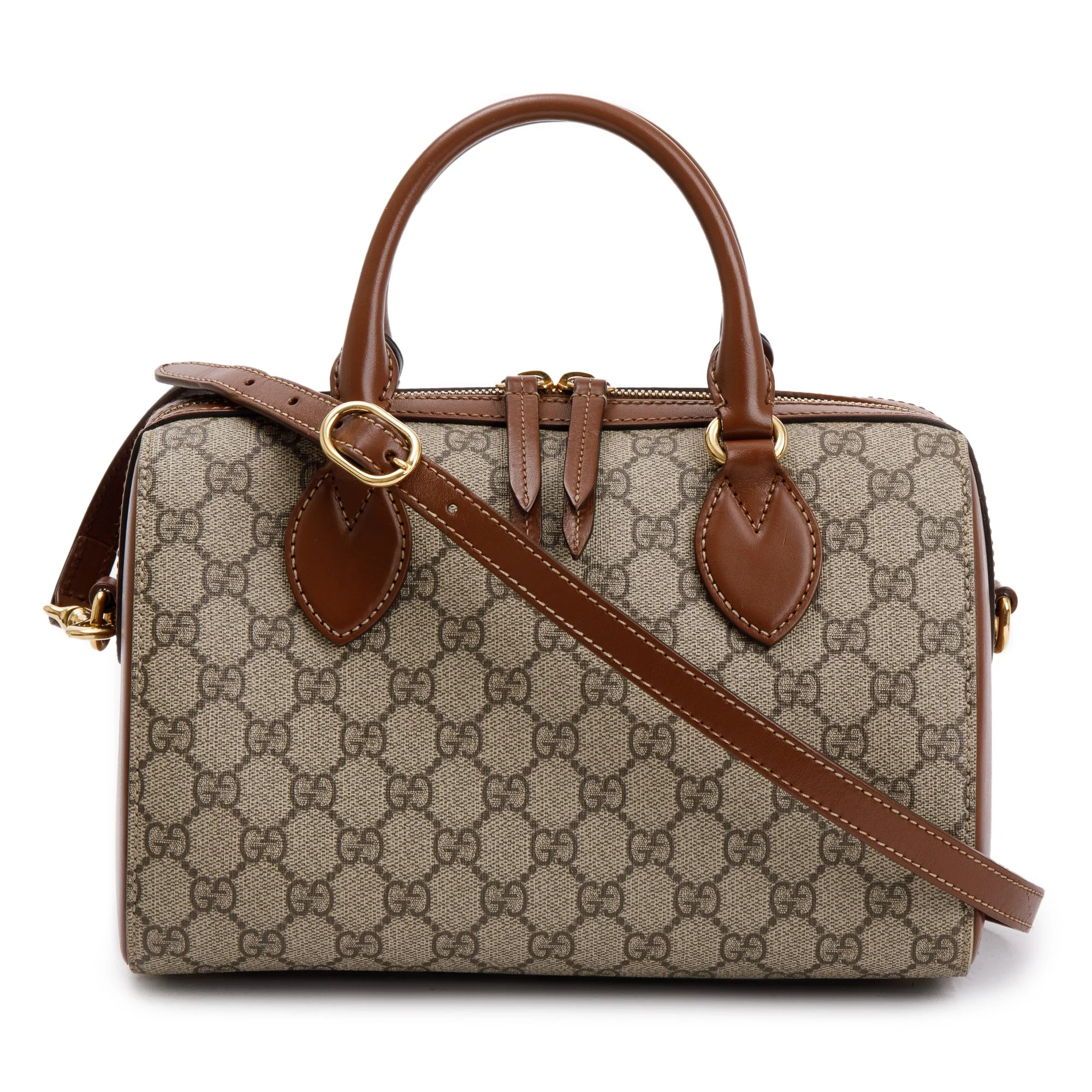 Gucci GG Supreme Brown Leather Small Boston Bag w/ Strap