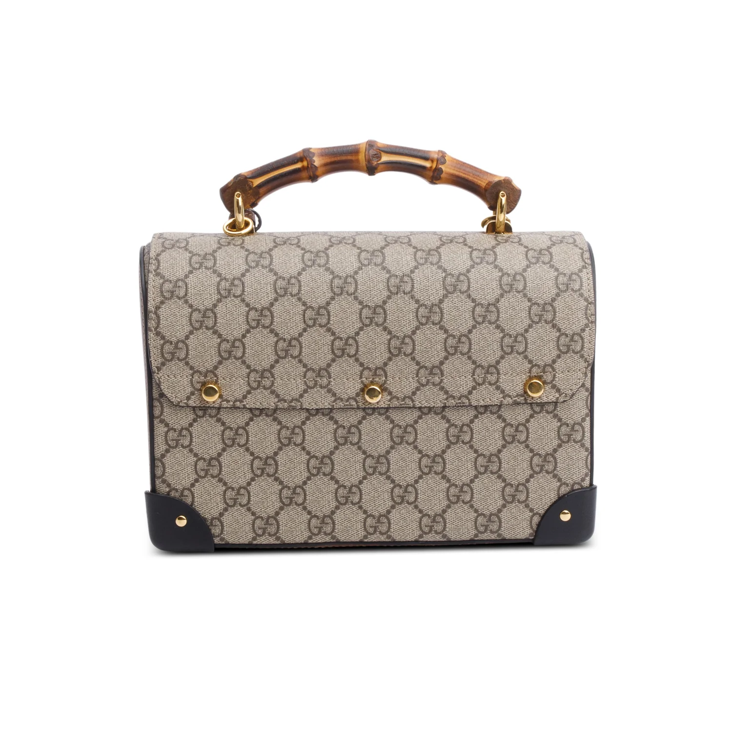Gucci GG Supreme Brown Leather Trim Small Padlock Bamboo Handle Bag w/ Strap - Image 4