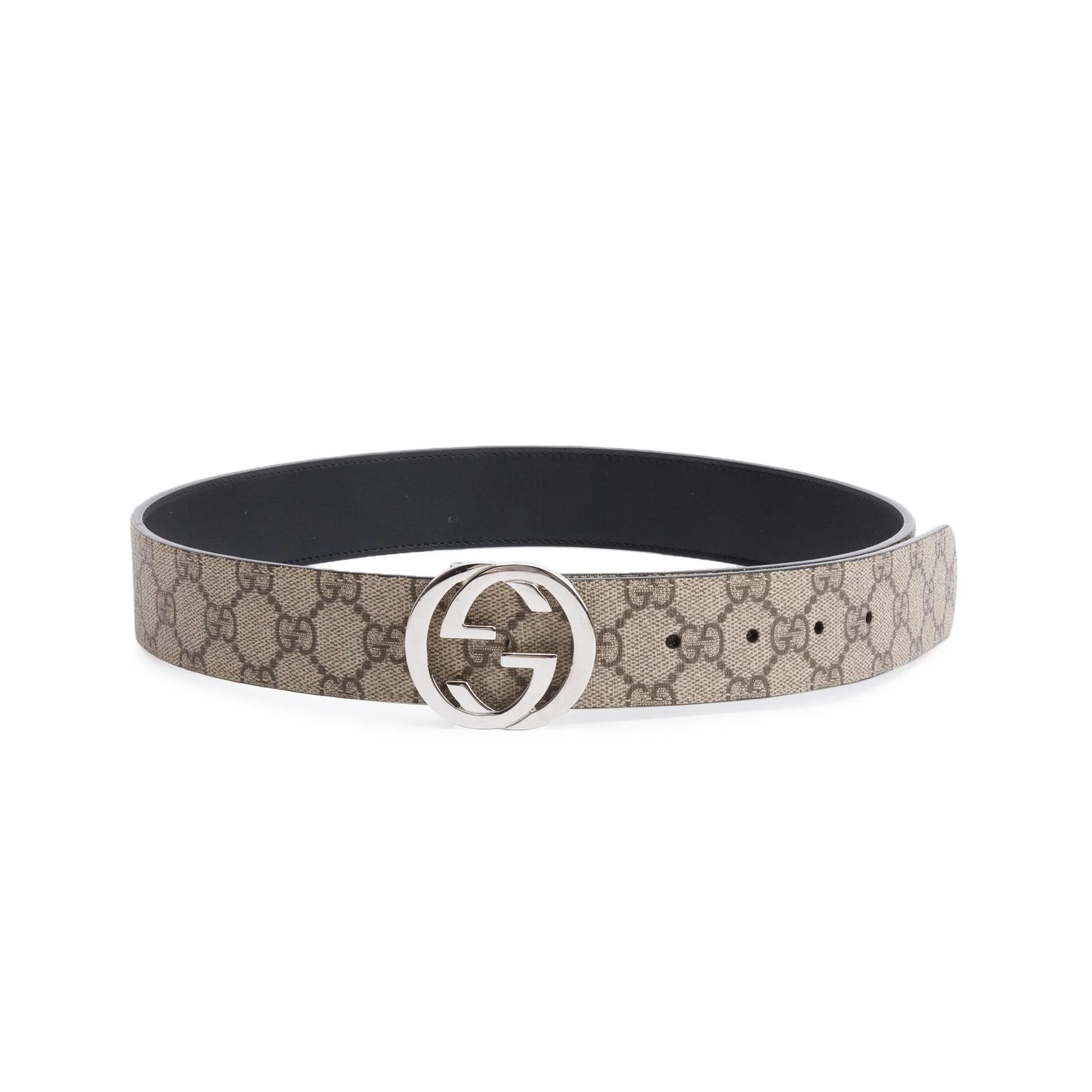 Gucci GG Supreme Canvas Black Calfskin Leather Interlocking Gt Reversible Belt 90 36
