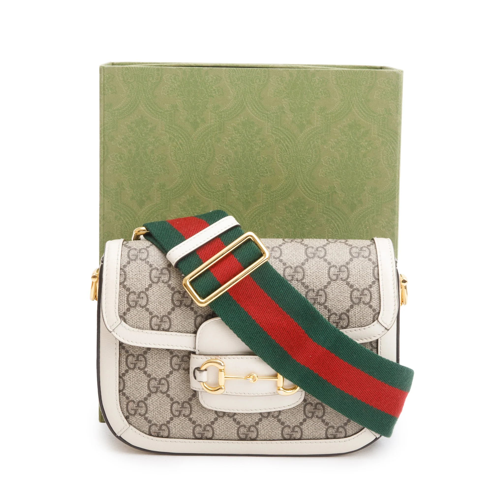 Gucci GG Supreme Canvas White Leather Trim Web Mini Horsebit 1955 Shoulder Bag w/ Box, Receipt & Straps - Image 2