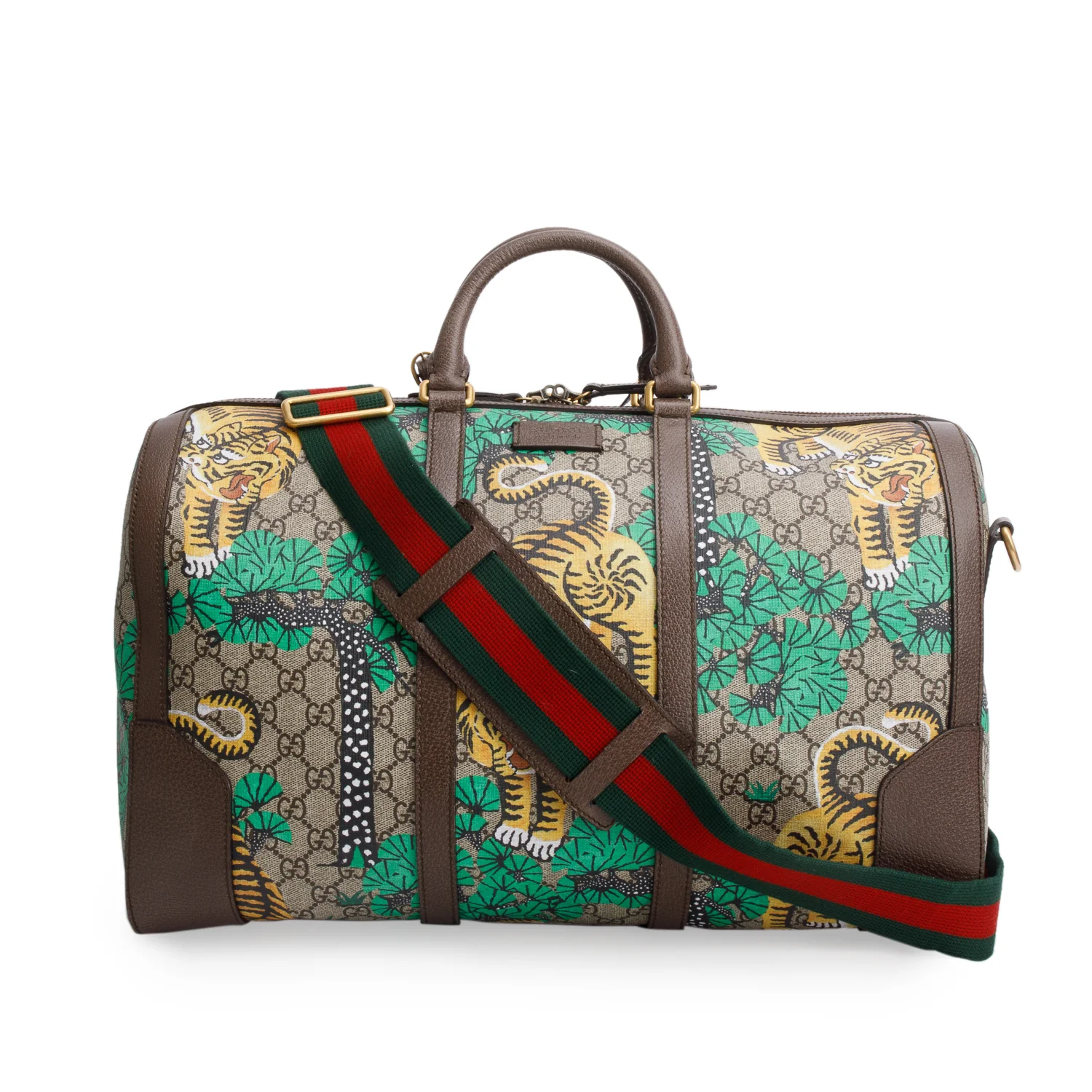 Gucci GG Supreme Monogram Bengal Web Boston Duffel Bag w/ Strap