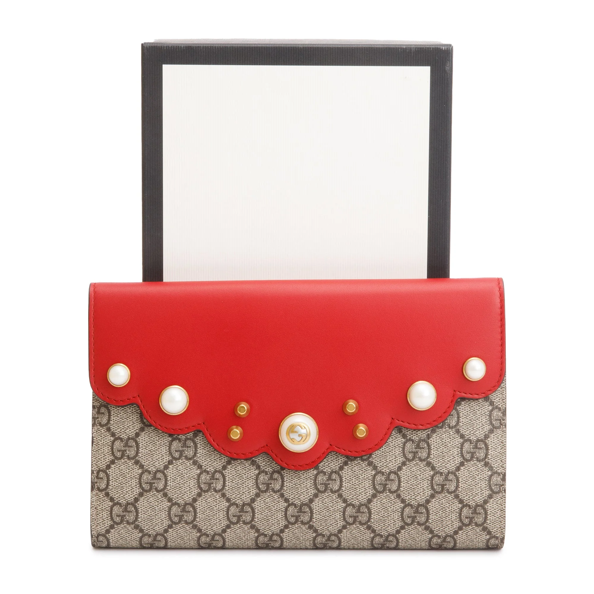 Gucci GG Supreme Red Leather Pearl Studs Peony Clutch - Image 2