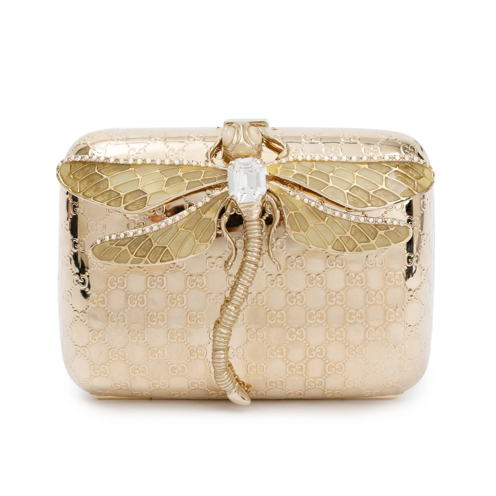 Gucci Gold Metal Microguccissima Crystal Embellished Dragonfly Minaudiere Mini Chain Clutch - Image 3
