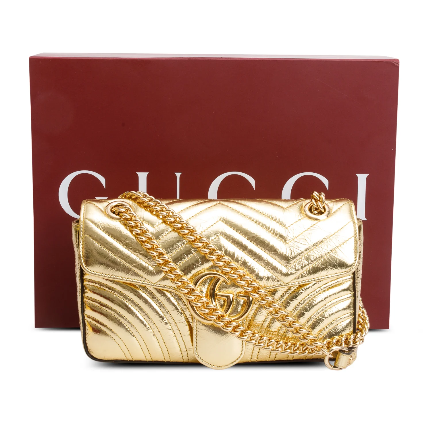 Gucci Gold Metallic Crinkled Calfskin Matelasse Medium GG Marmont Shoulder Bag w/ Box - Image 3