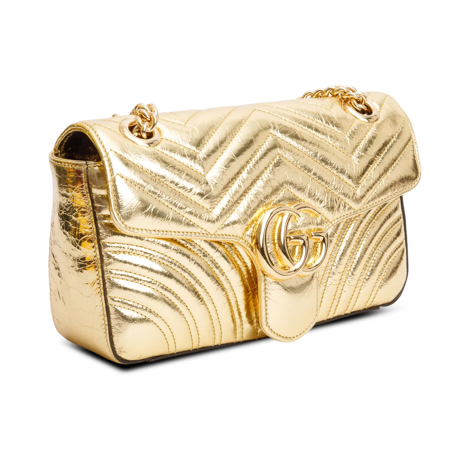 Gucci Gold Metallic Crinkled Calfskin Matelasse Medium GG Marmont Shoulder Bag w/ Box - Image 5