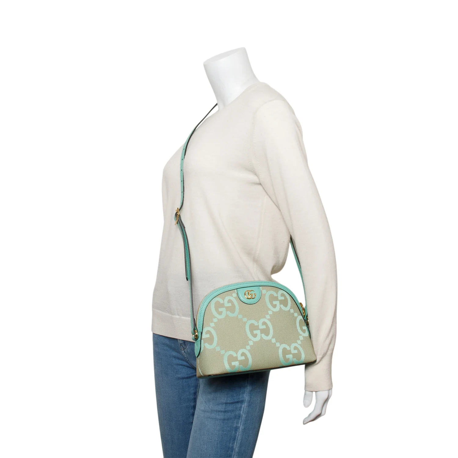 Gucci Green Calfskin Leather Trim Jumbo GG Canvas Small Ophidia Dome Crossbody Bag - Image 2