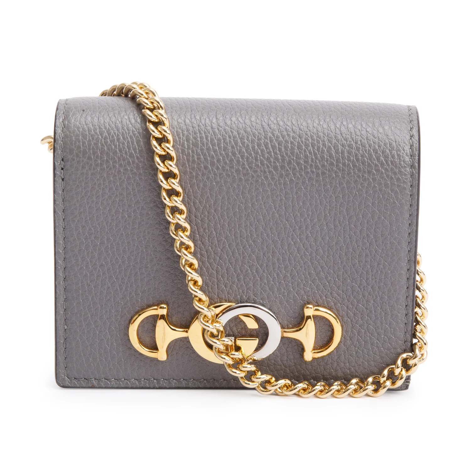 Gucci Grey Calfskin Leather Zumi Chain Card Case Wallet w/ Box
