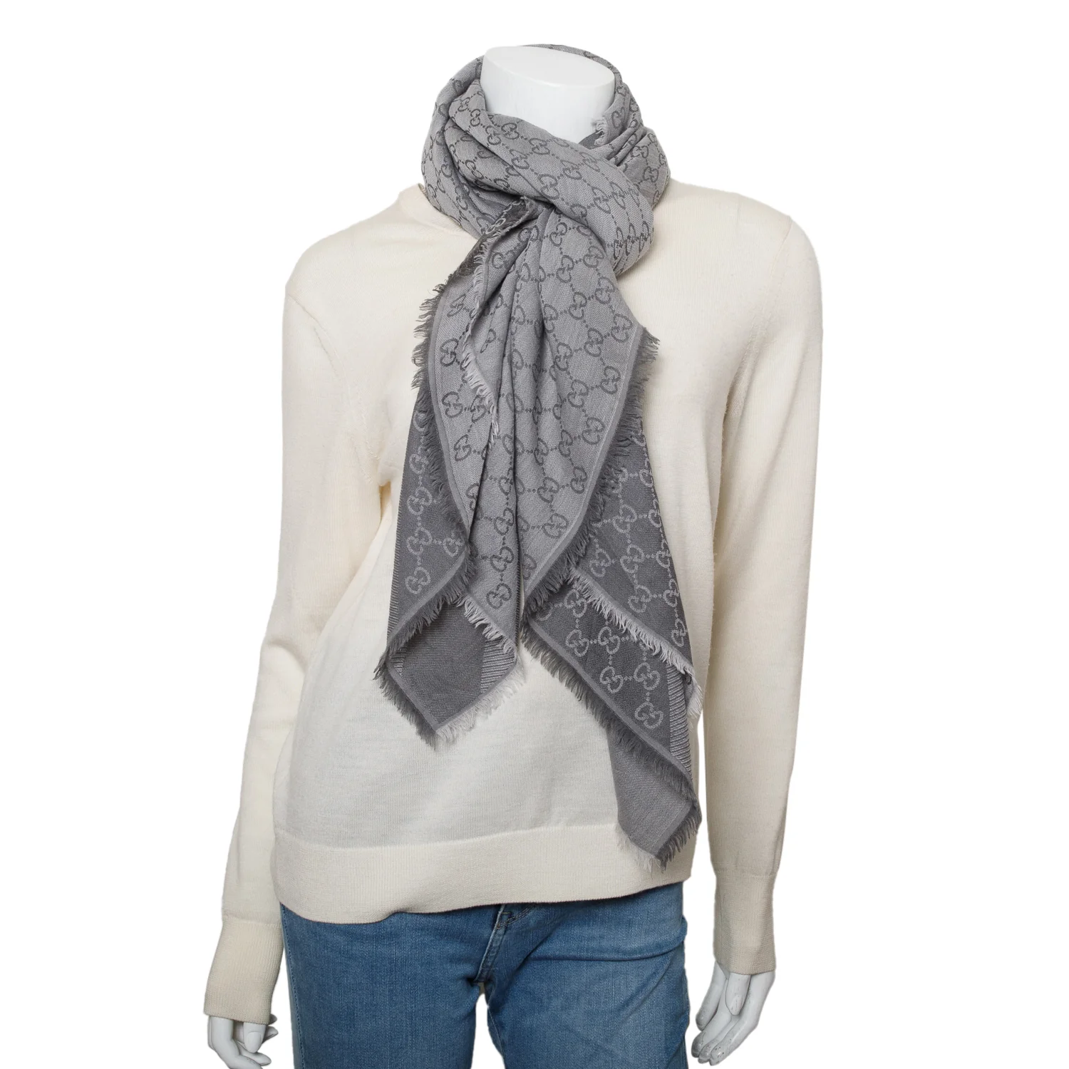 Gucci Grey GG Jacquard Wool Silk Shawl Scarf - Image 2