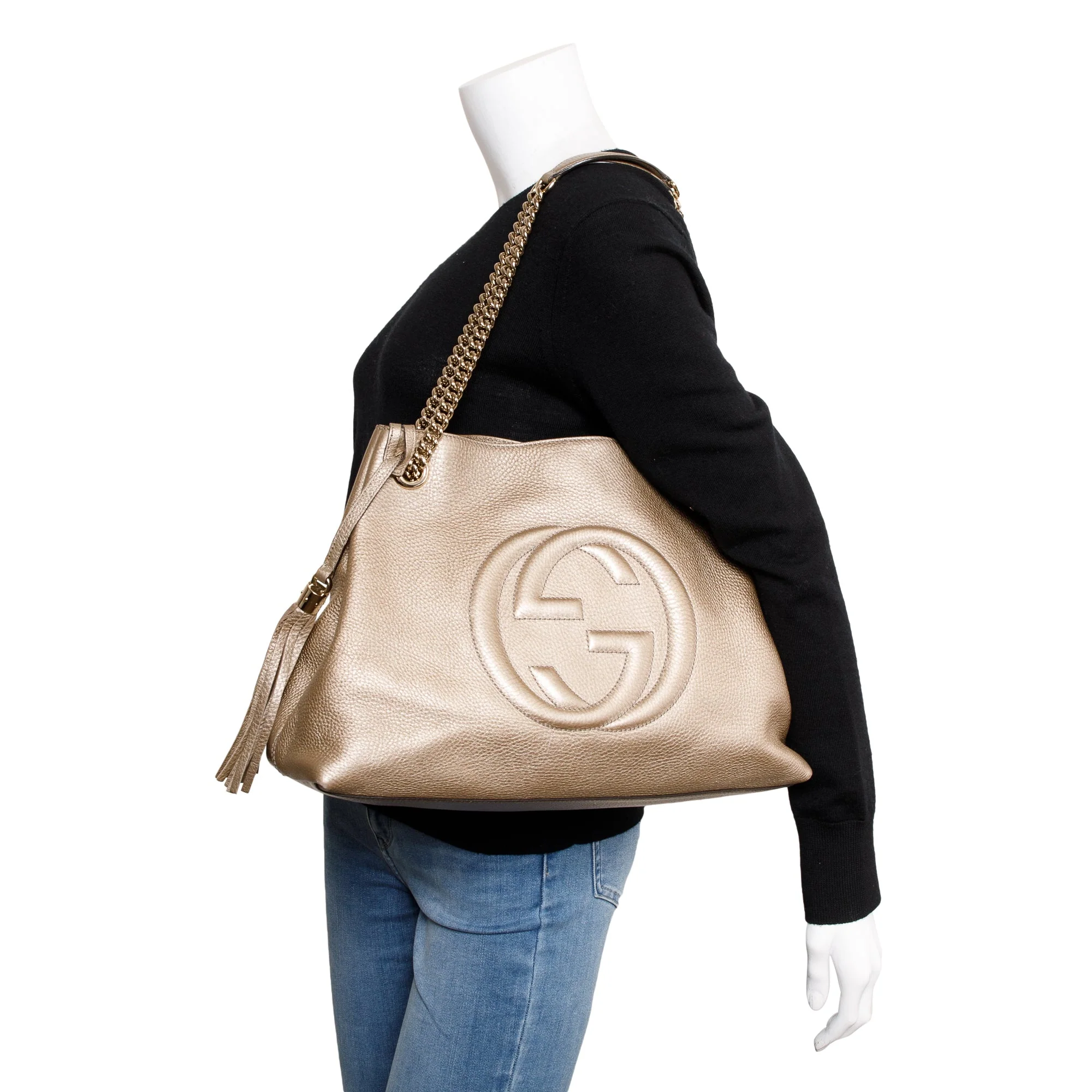 Gucci Metallic Gold Pebbled Calfksin Leather Medium Soho Chain Tote - Image 2